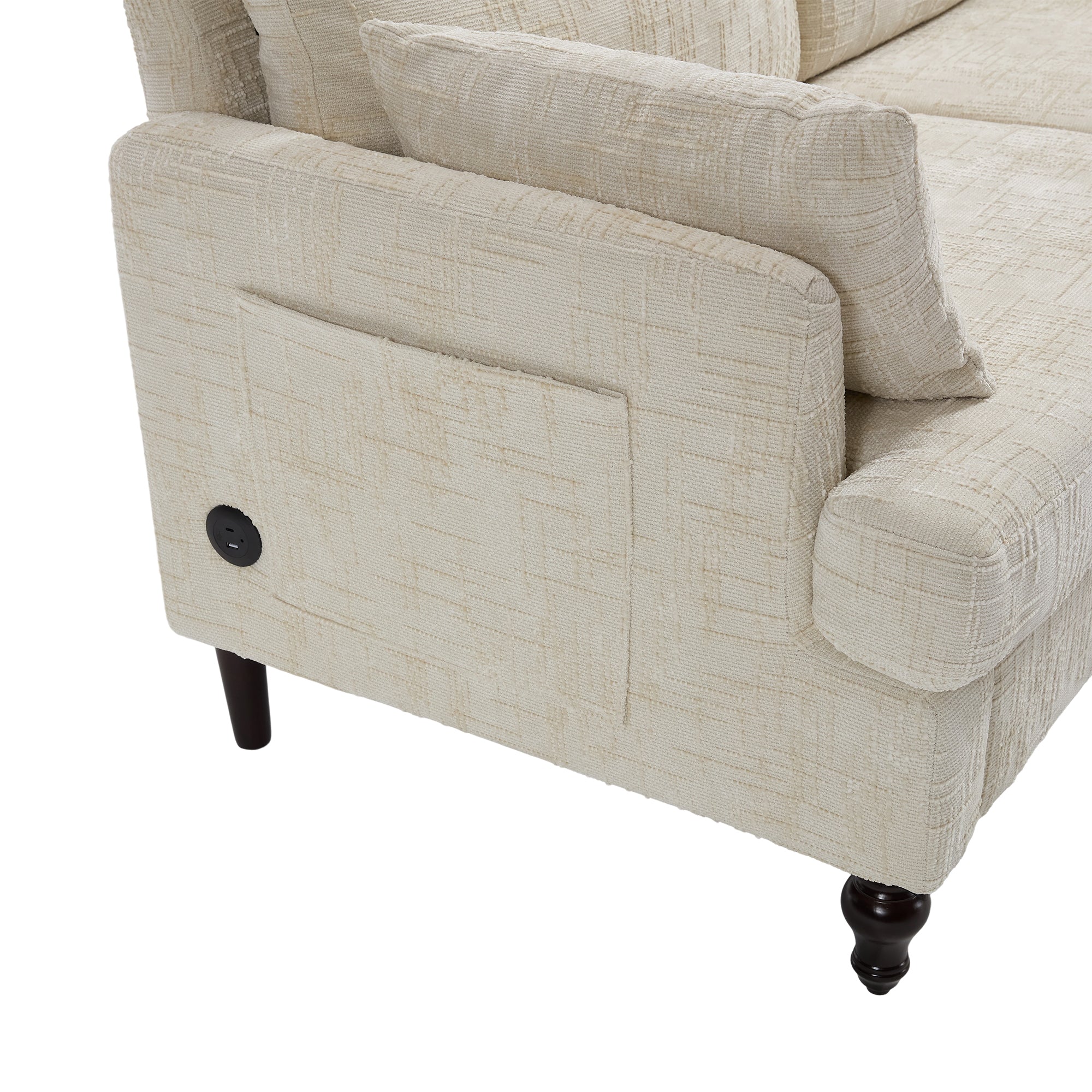 Logidon tweezitsbank van chenille, beige LED-USB-opbergruimte, houten poten