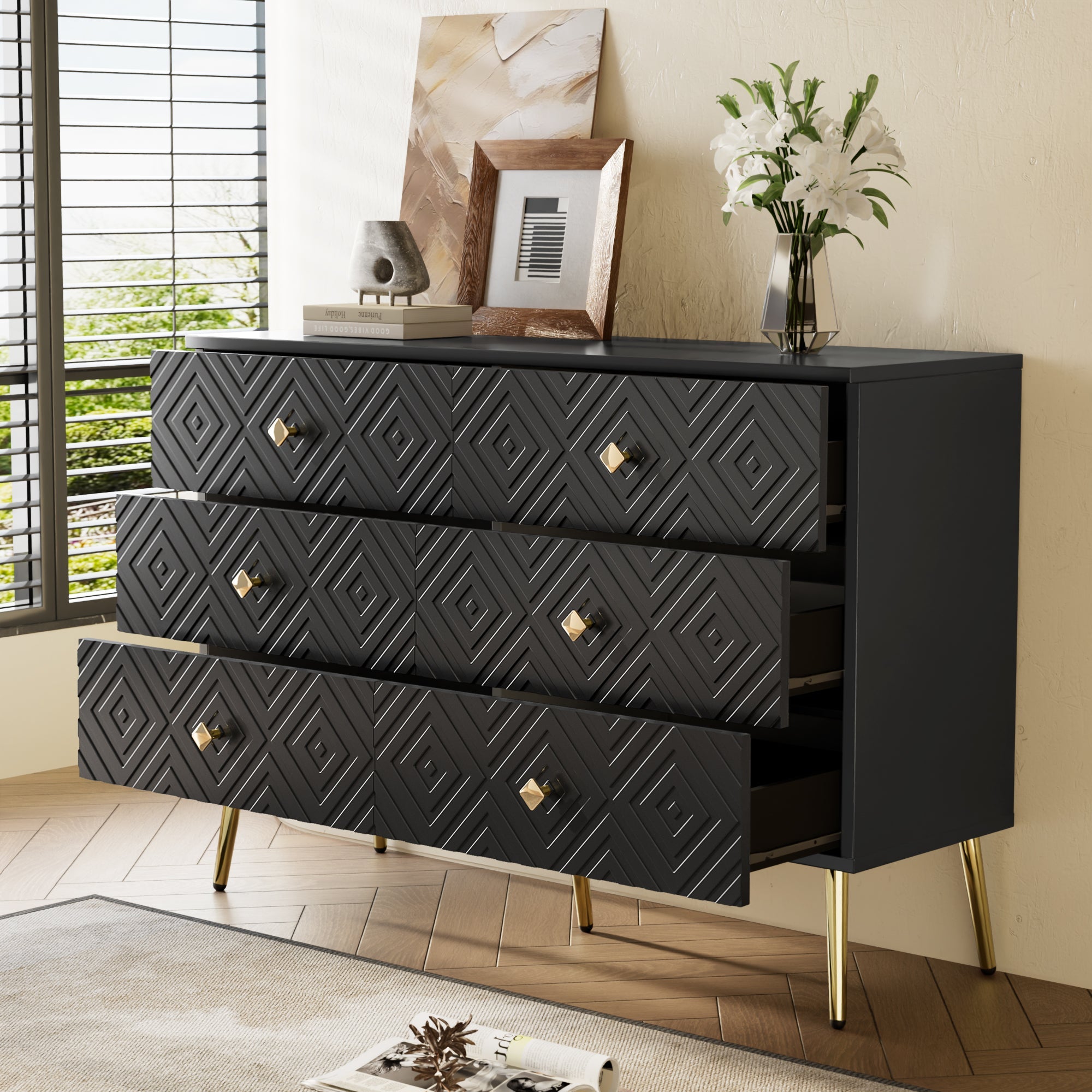 Logidon Ladekast 6 lades zwart goud moderne stijl 120x40x80 cm
