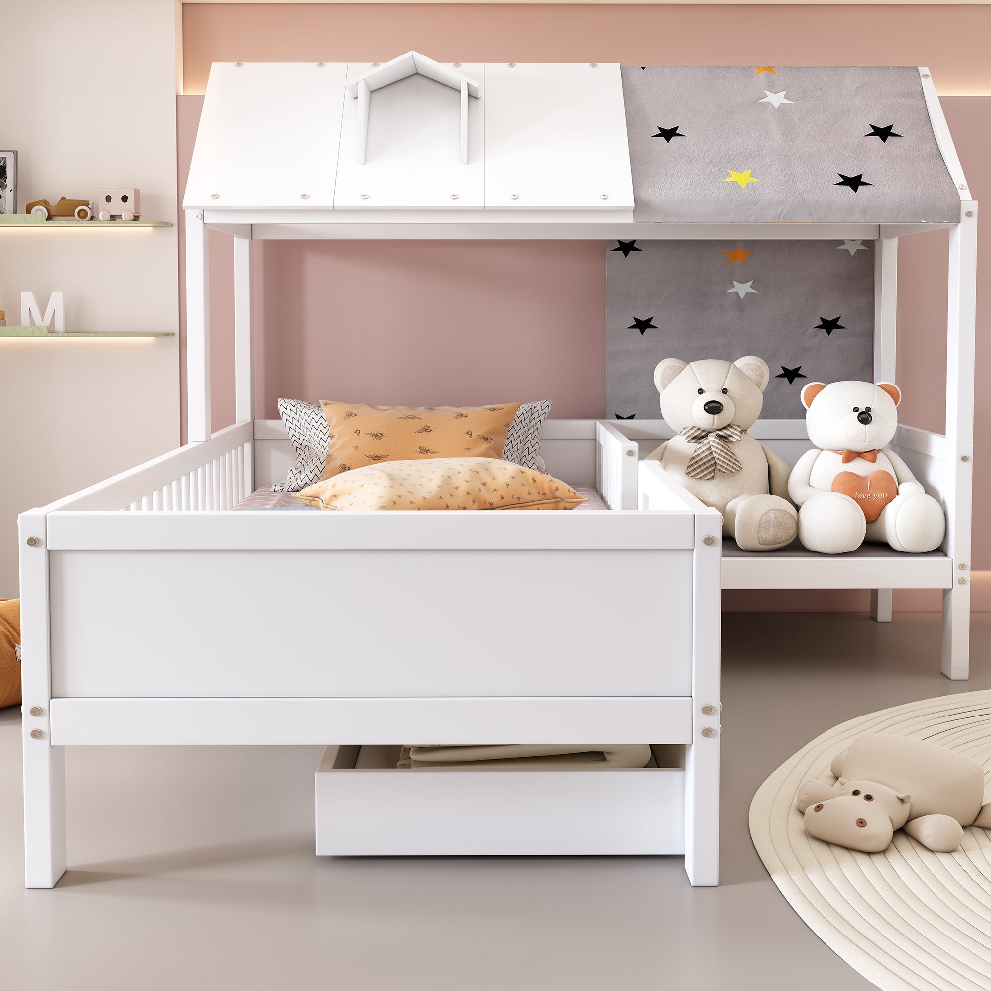 Logidon Huisvormig kinderbed hout 90x200 Witte tentstof Laden