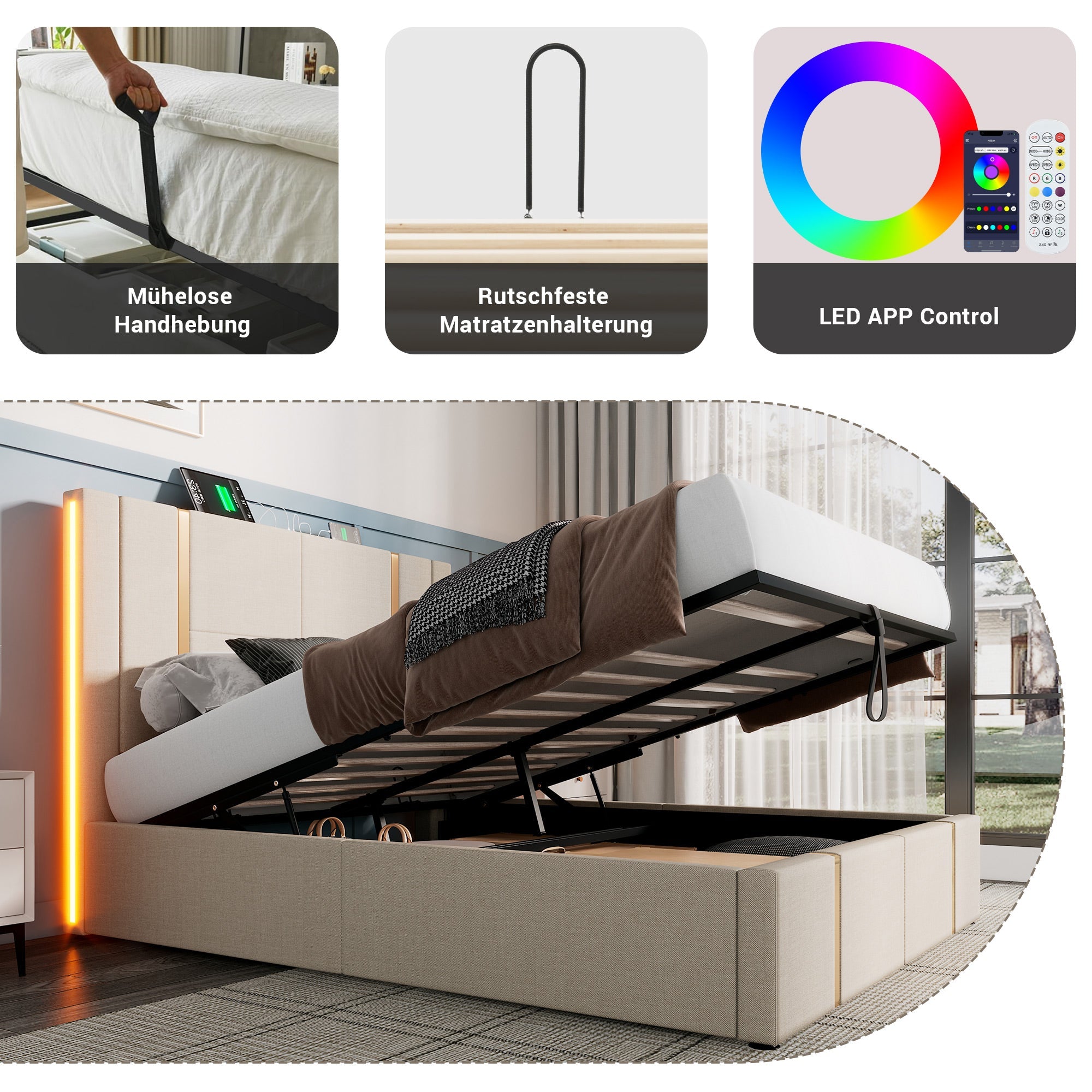 Logidon upholstered bed 160x200 USB C charging function APP control LED beige linen