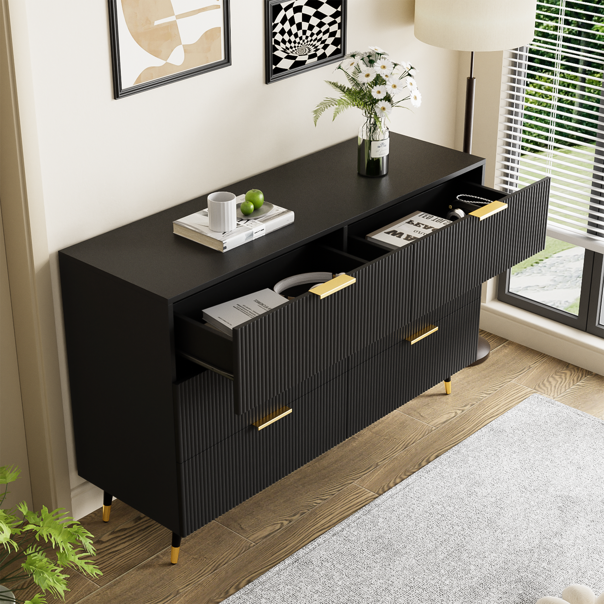 Logidon Elegant Dressoir Zwart Moderne Stijl 6 Laden