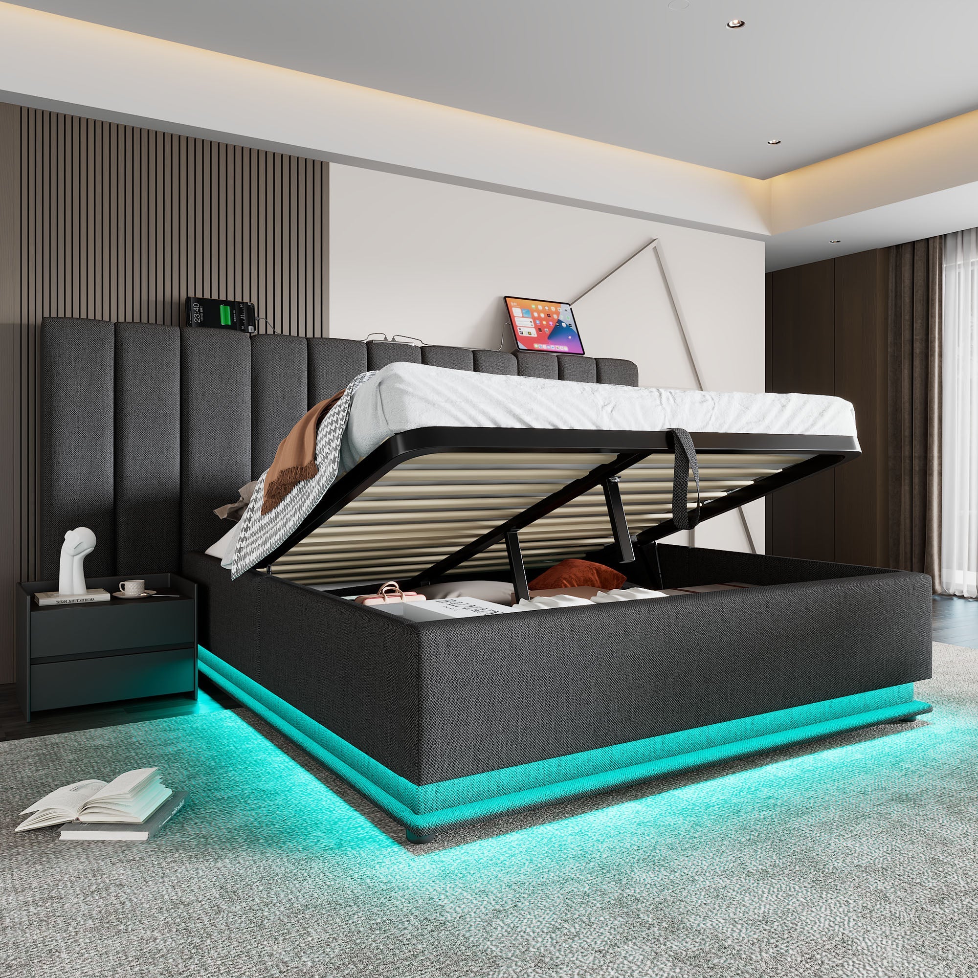 Logidon gestoffeerd bed 160x200 grijs met opbergruimte LED app bediening