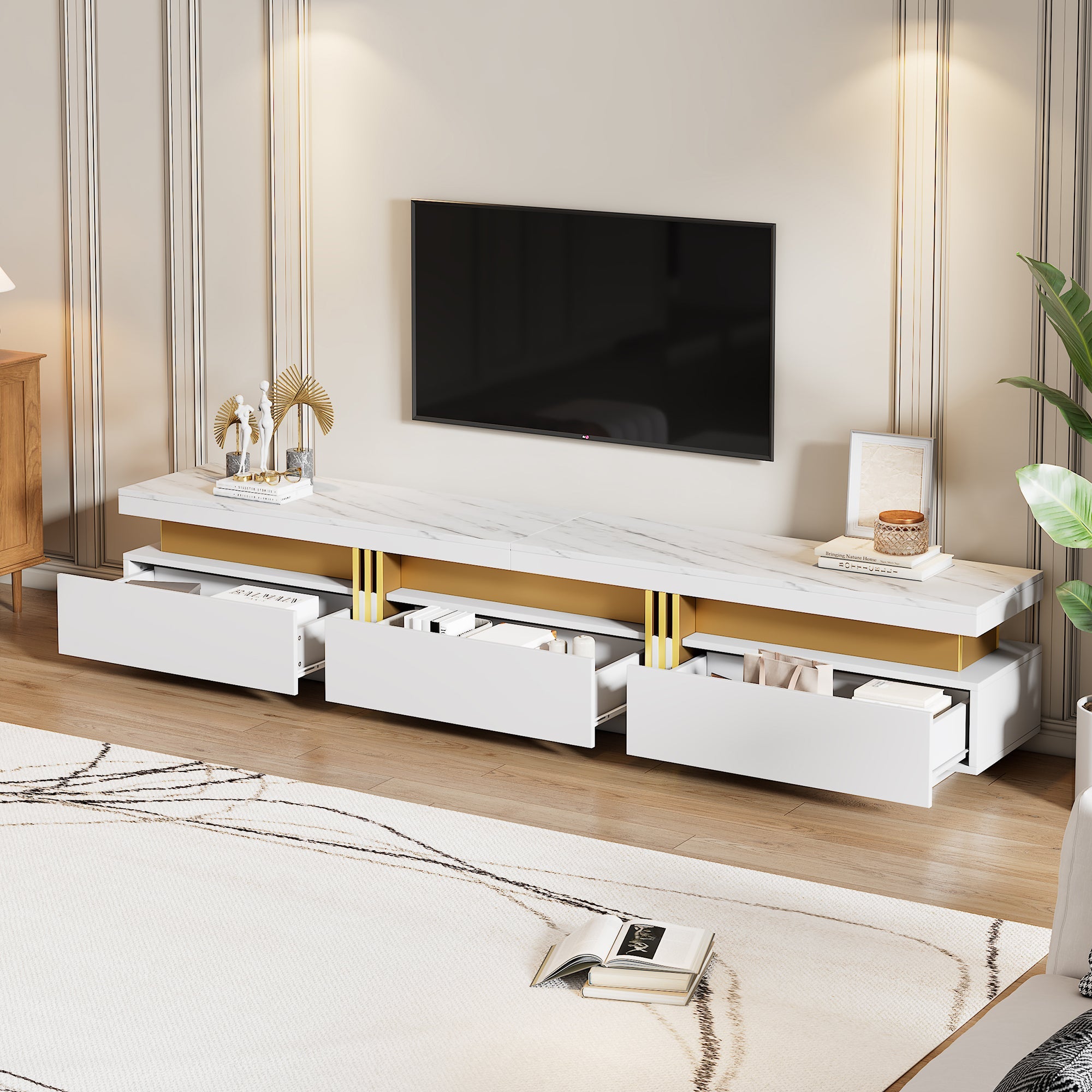 Logidon TV-meubel 200 cm marmerlook drie lades kabelmanagement
