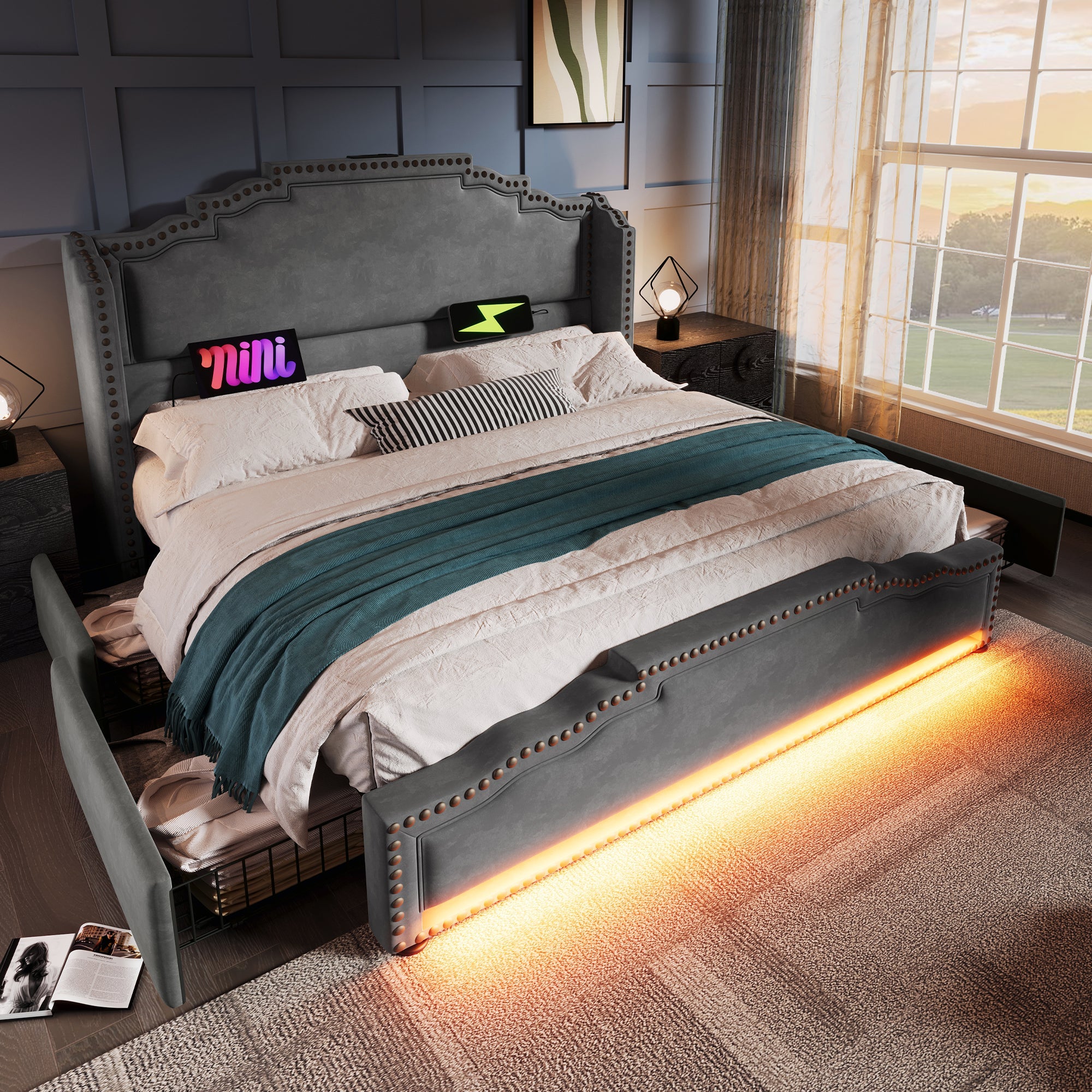 Logidon gestoffeerd bed 140x200 fluweelgrijs met 4 oplaad-LED-lampjes USB C
