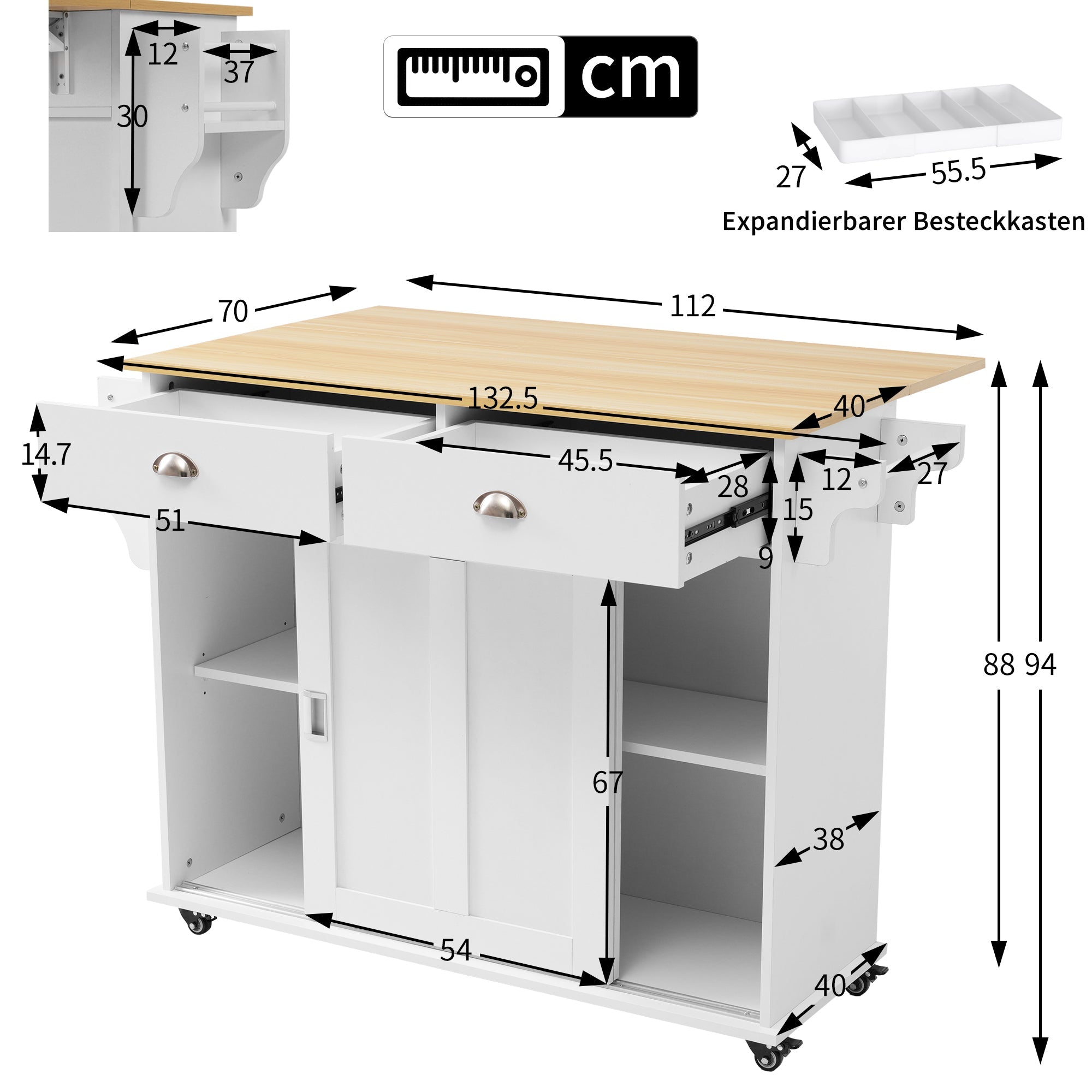 Logidon Dining Room Trolley Sideboard with Folding Table White/Natural Wood