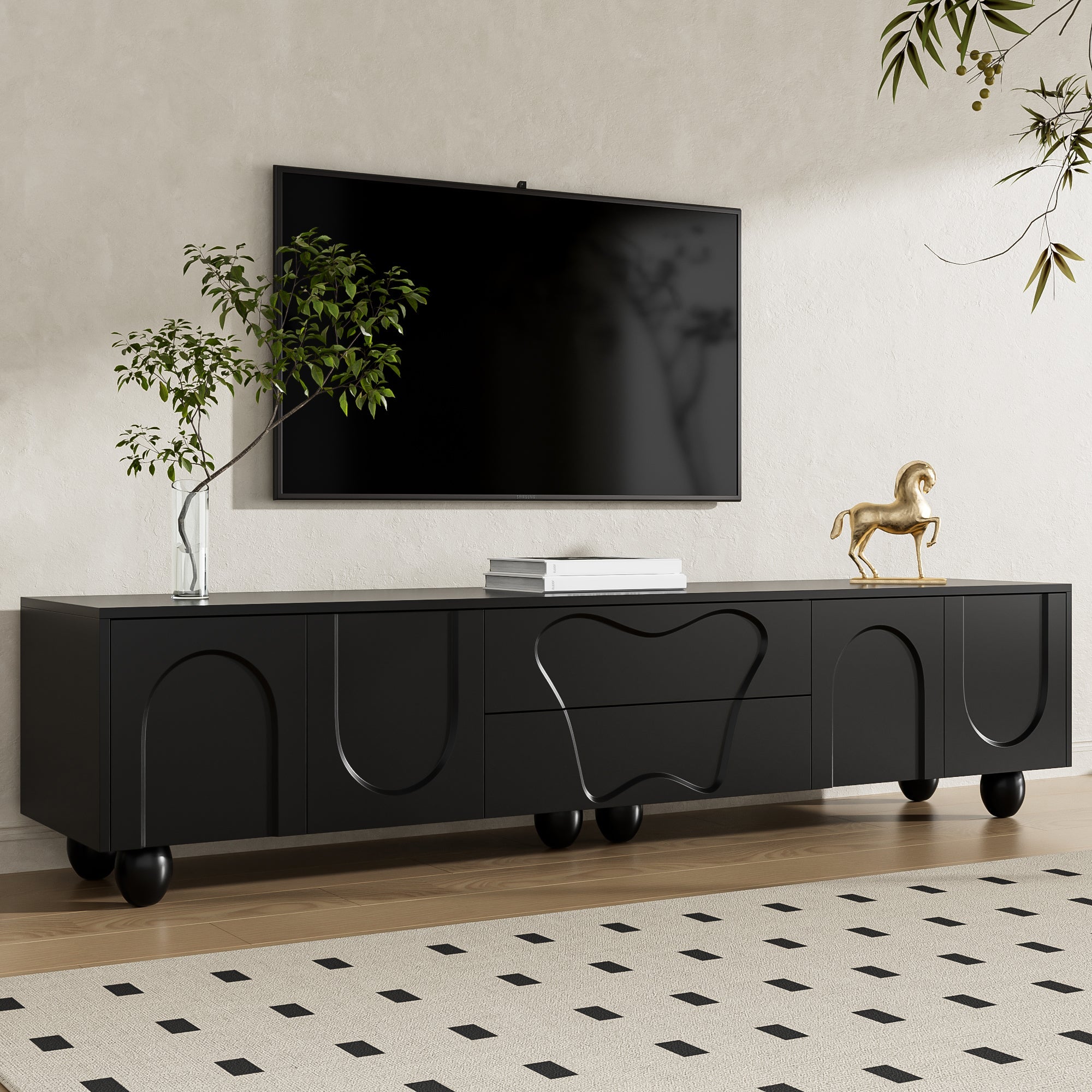Logidon TV-meubel 180 cm Zwart Modern Kast met Houten Poten