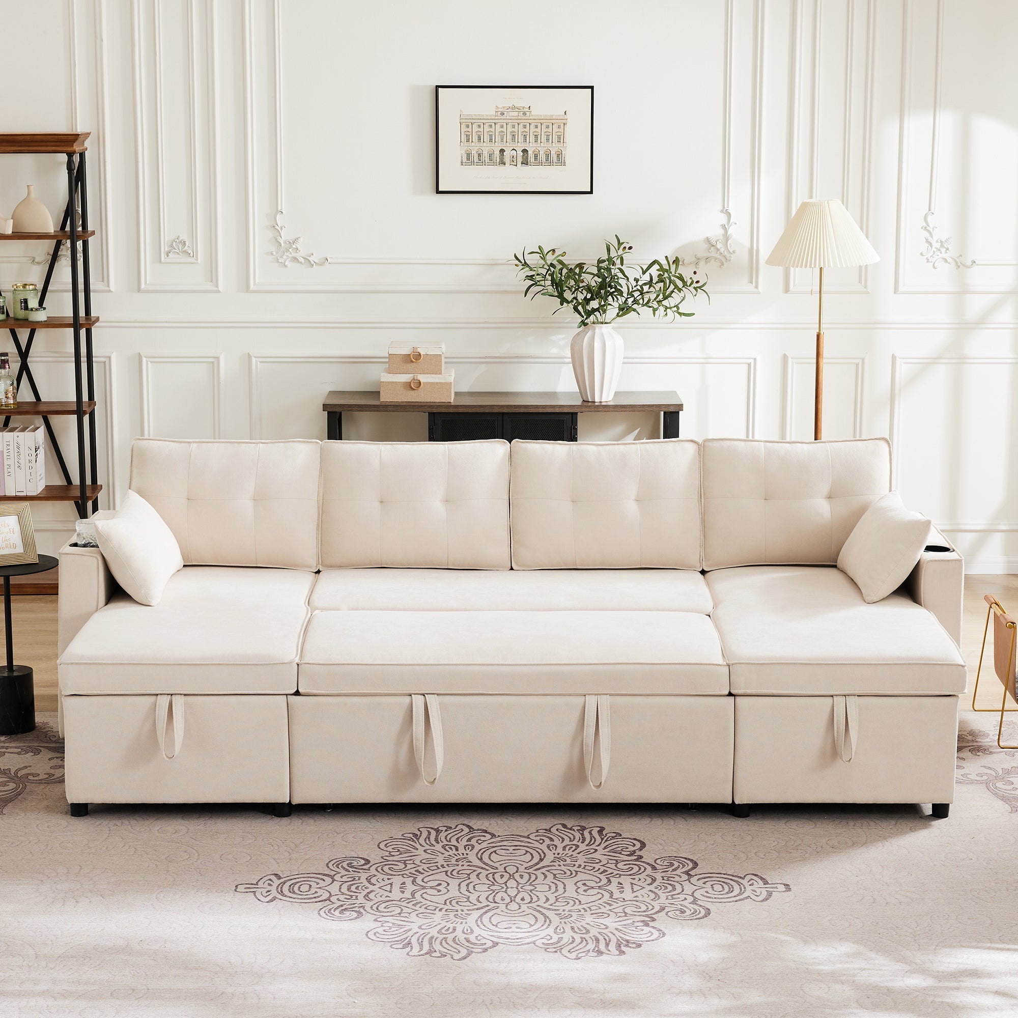 Logidon U-vormige slaapbank, beige stof, grote 4-zits bekerhouder