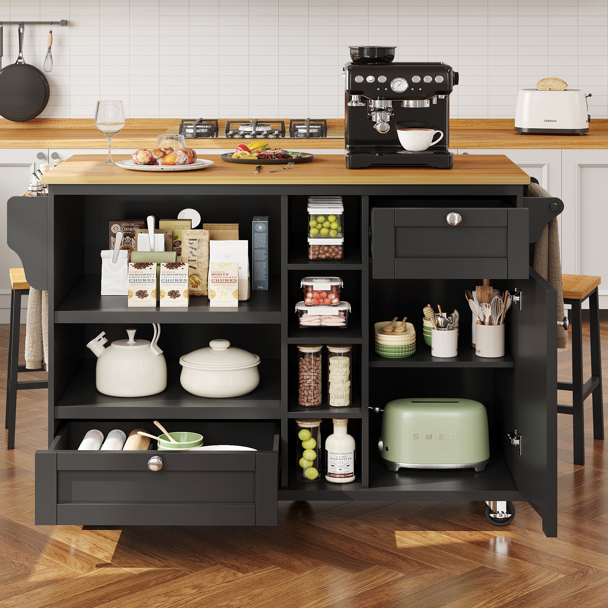 Logidon dining room trolley black with wooden top, drawers and cupboards