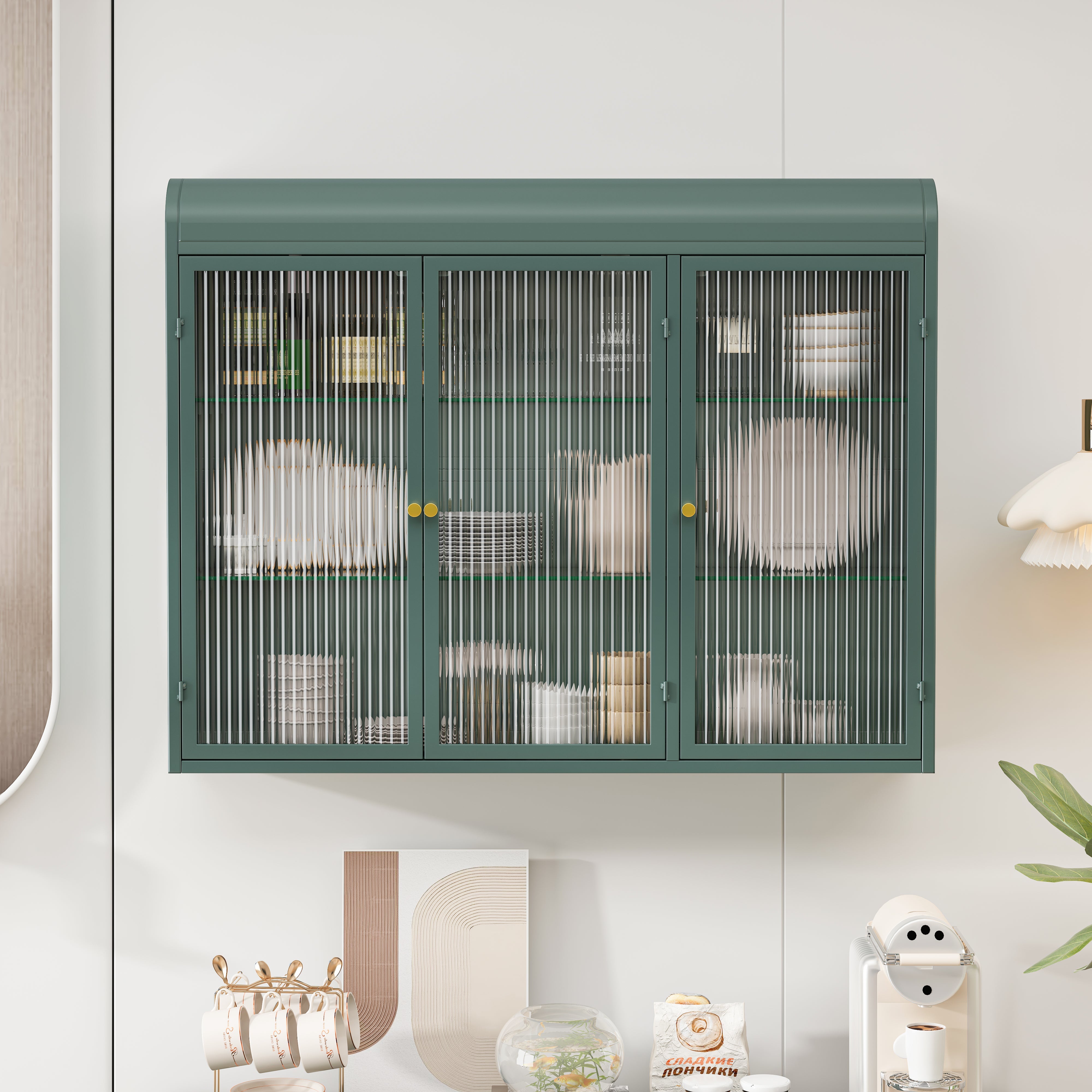 Logidon driedeurs gebogen glazen wandvitrine donkergroen