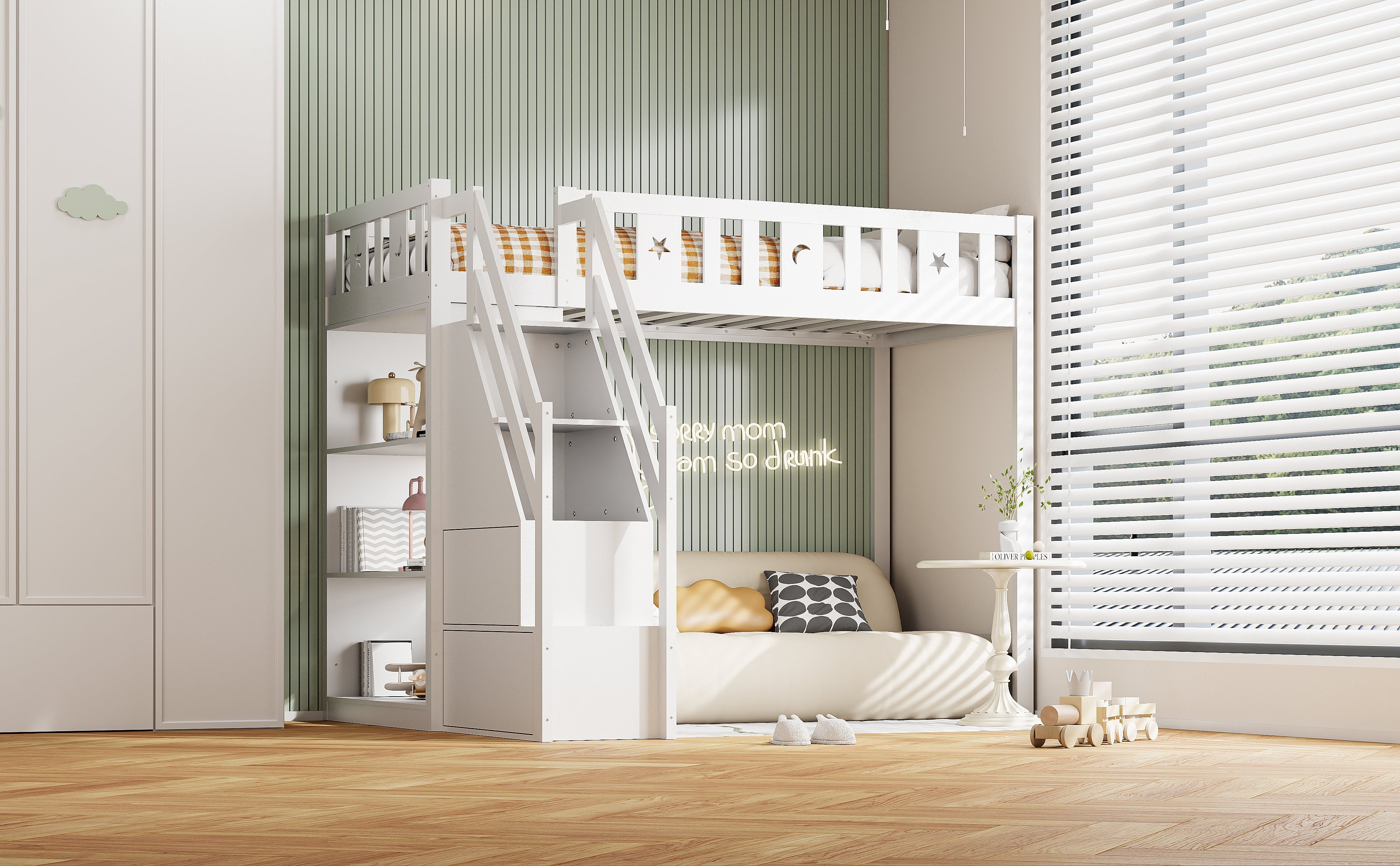 Logidon hoogslaper 90x200 cm wit met opbergladder en planken