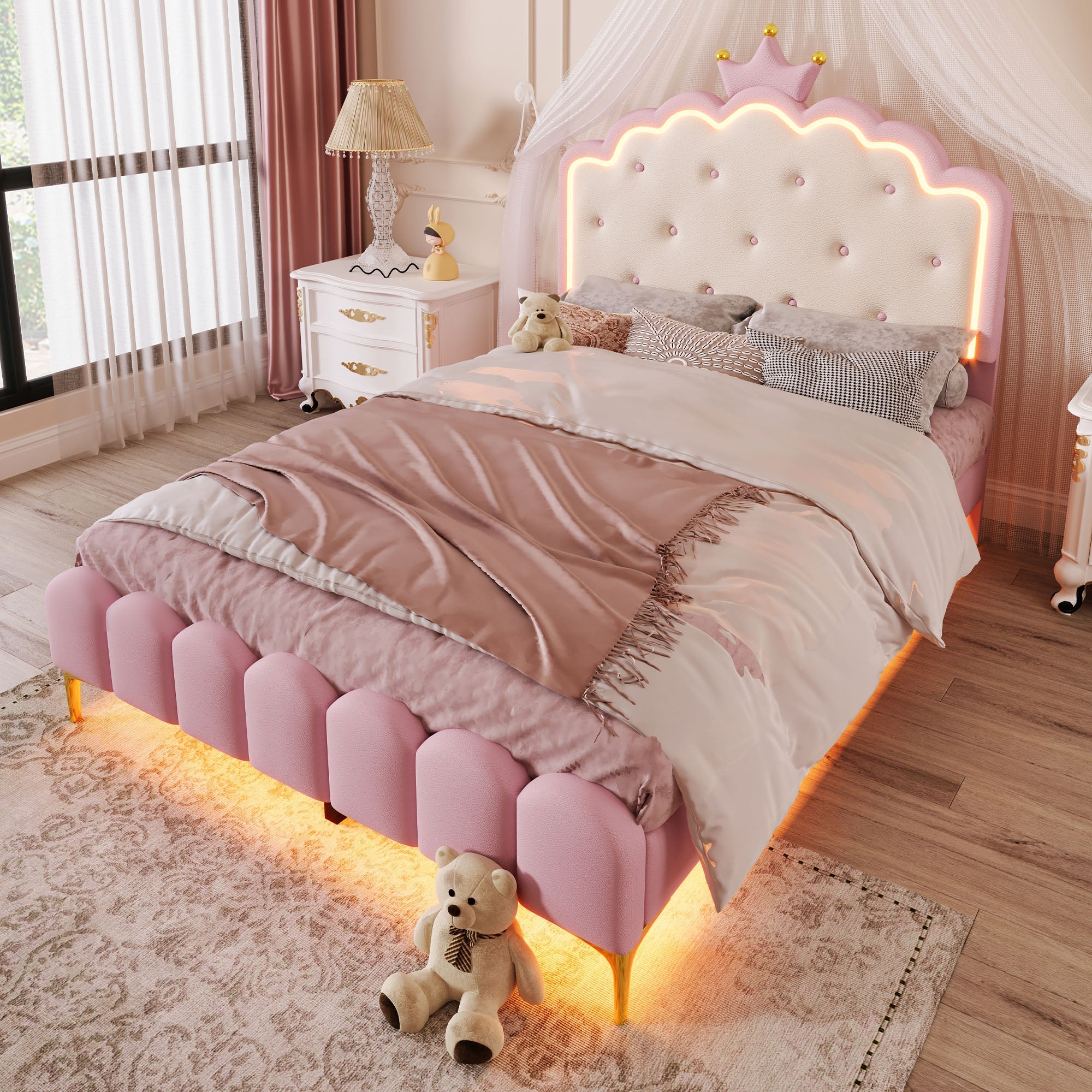 Logidon gestoffeerd bed 140x200 roze met lattenbodem LED-verlichting