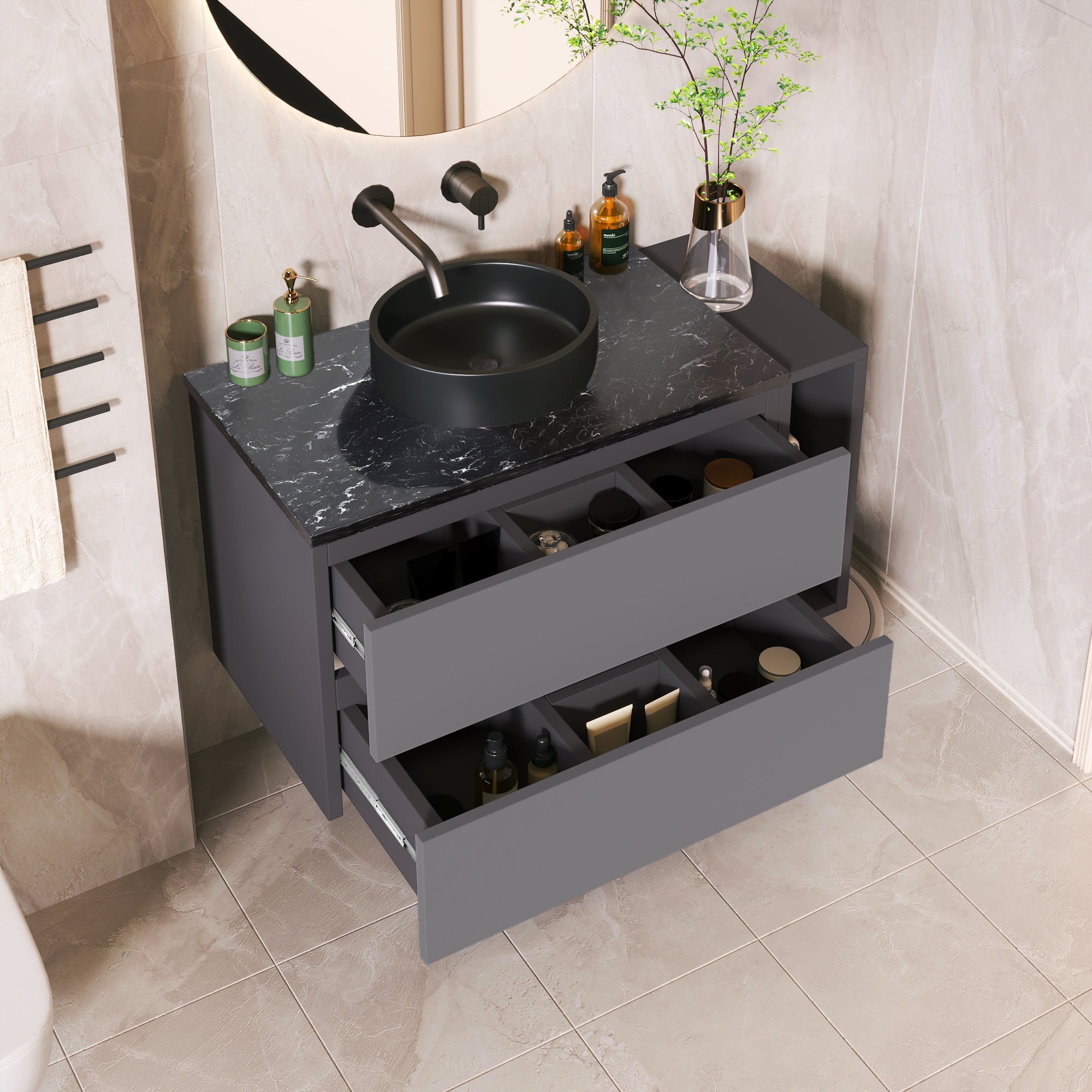 Logidon sink base cabinet hanging 80 cm black gray drawers
