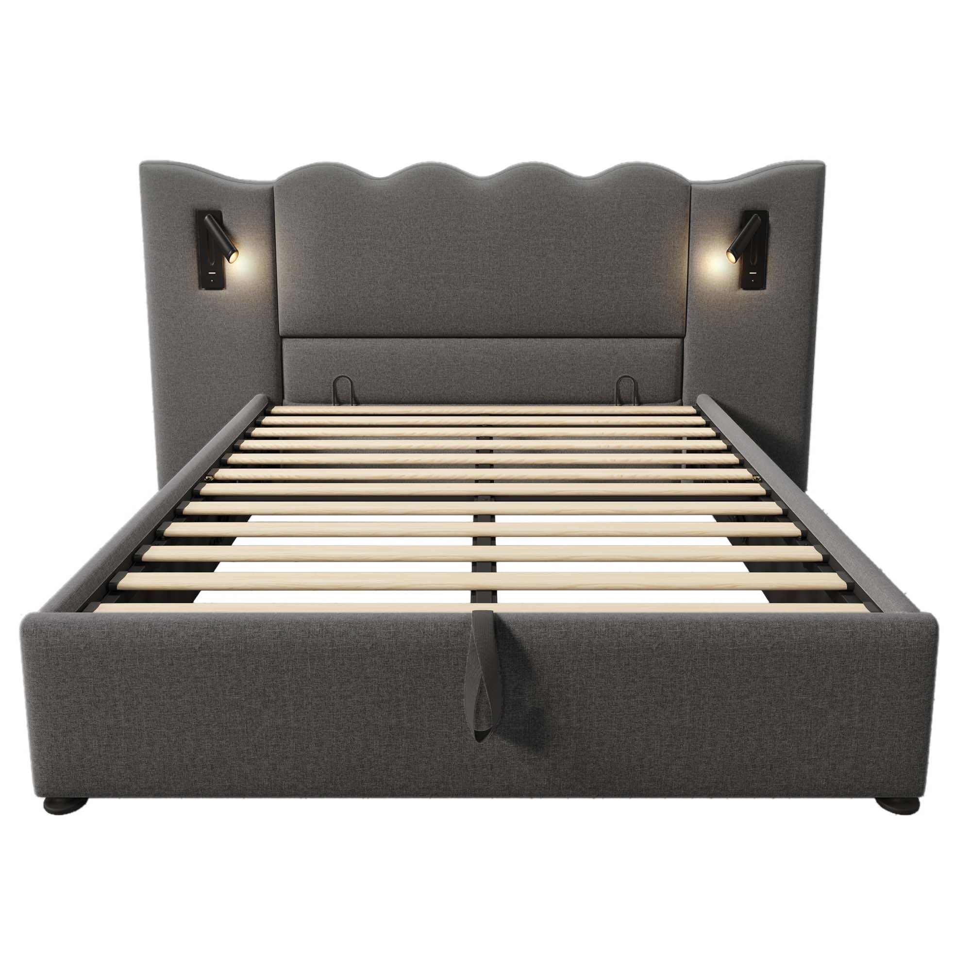 Logidon gestoffeerd bed 160x200 grijs linnen met USB Type C oplaadfunctie