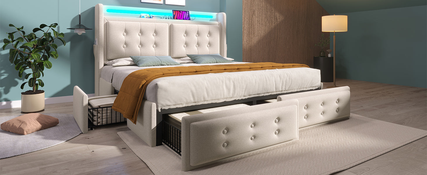 Logidon gestoffeerd bed 160x200 beige LED hoofdbord USB C oplaadfunctie 4 lades
