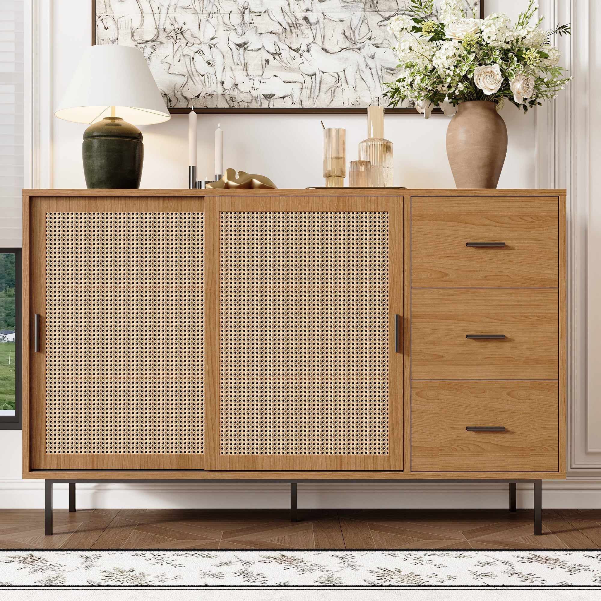 Logidon dressoir naturel 140x37x91cm met 2 schuifdeuren en 3 lades