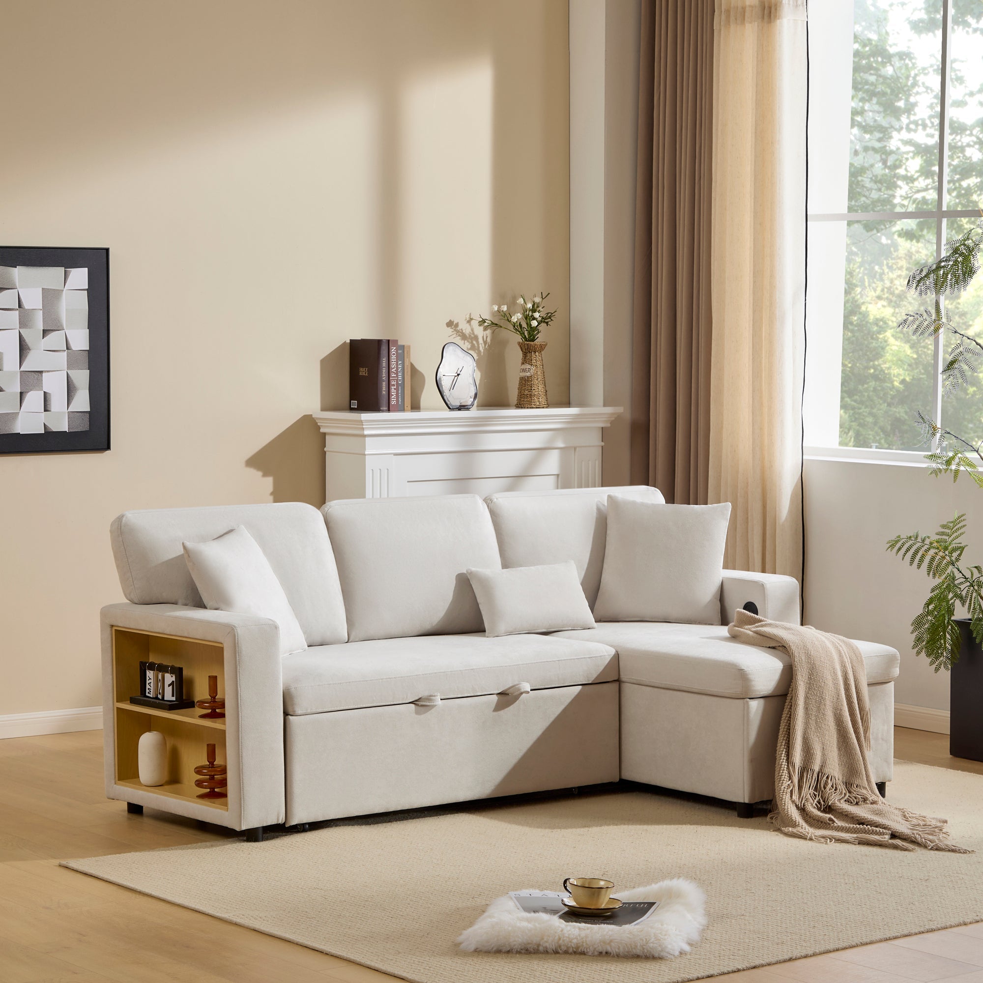 Logidon corner sofa bed L-shape extendable beige with bed box shelf