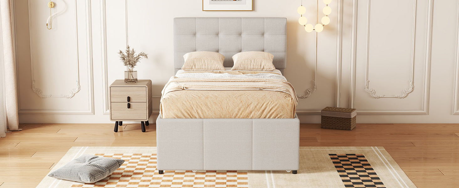 Logidon gestoffeerd bed 90x200 beige uitschuifbaar onderschuifbed 3 lades