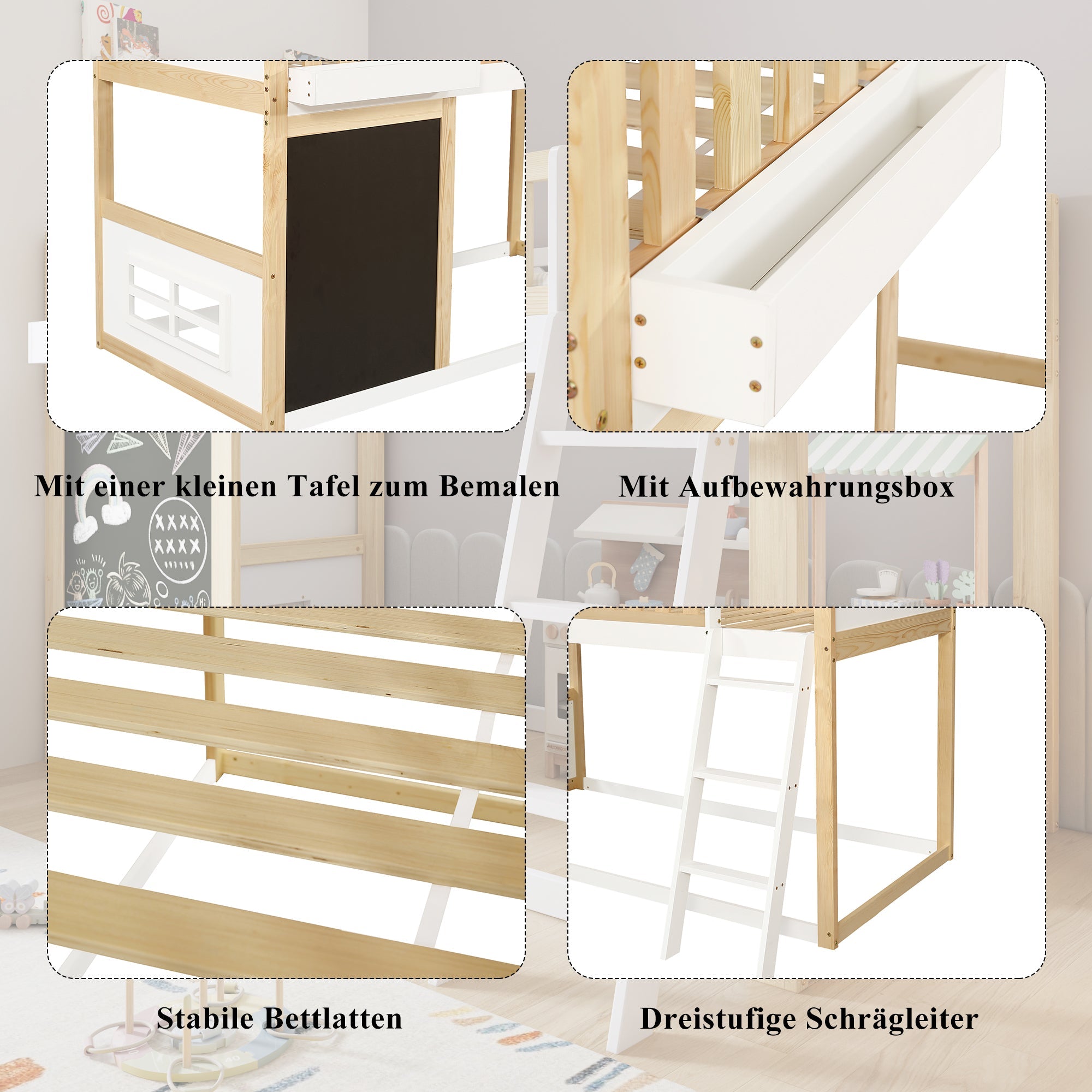 Logidon Kinderhoogslaper 90x200 met plankruimte en opbergruimte wit-naturel