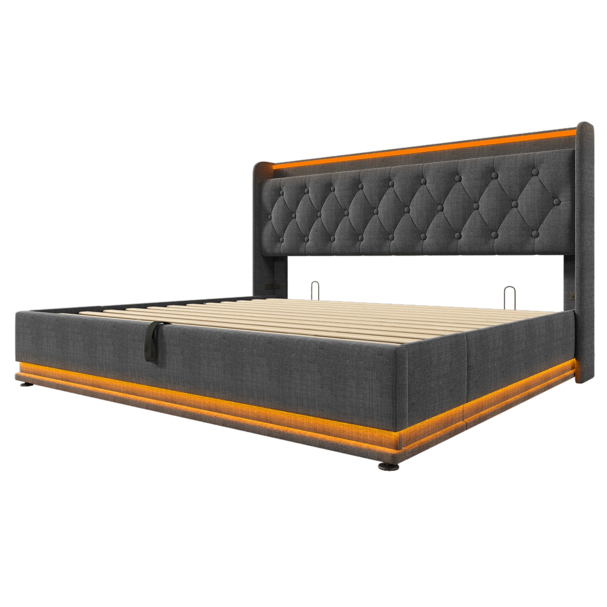 Logidon gestoffeerd bed tweepersoonsbed 180x200 cm grijs linnen LED-verlichting USB C