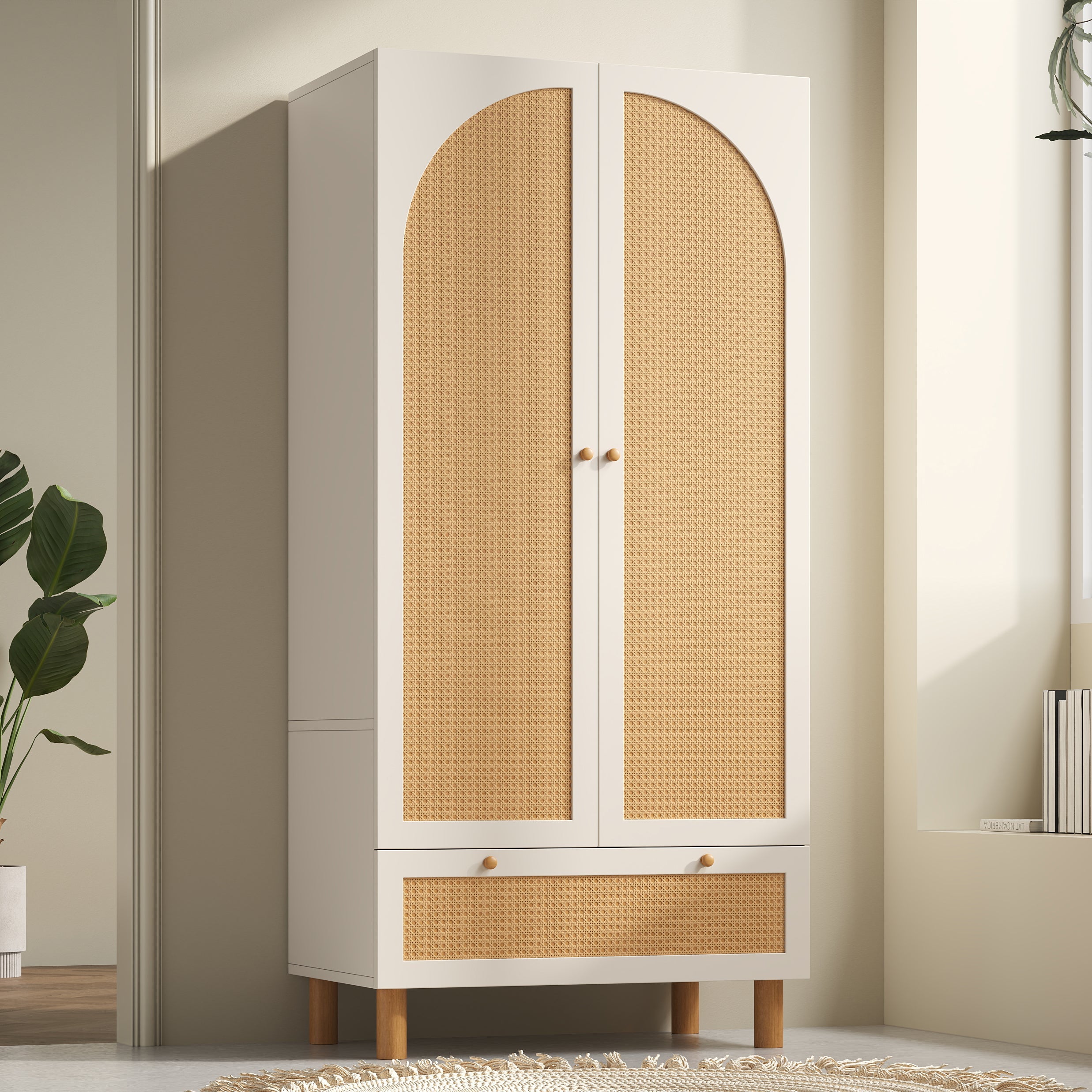 Logidon kledingkast wit met rotan deuren 180x85x52 cm landelijke stijl