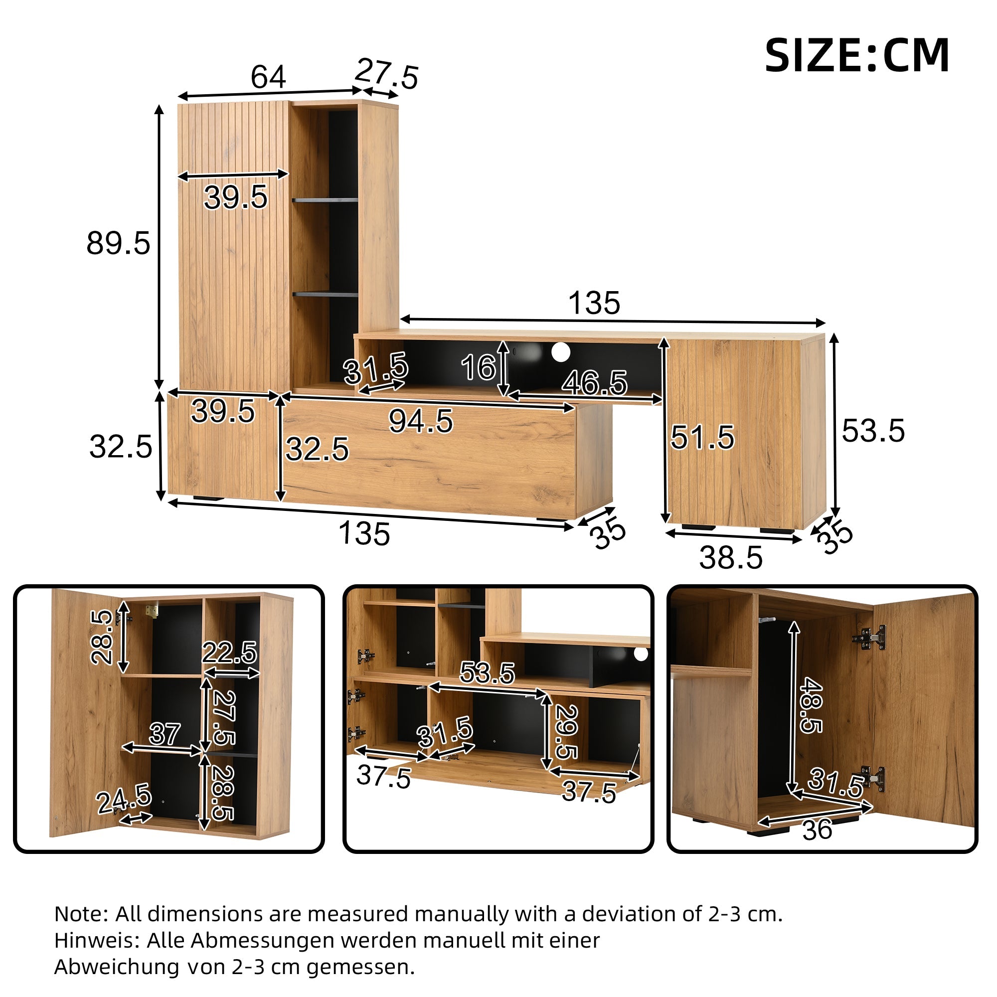 Logidon TV wandmeubelset vitrine 2-delig tot 265 cm eiken zwart