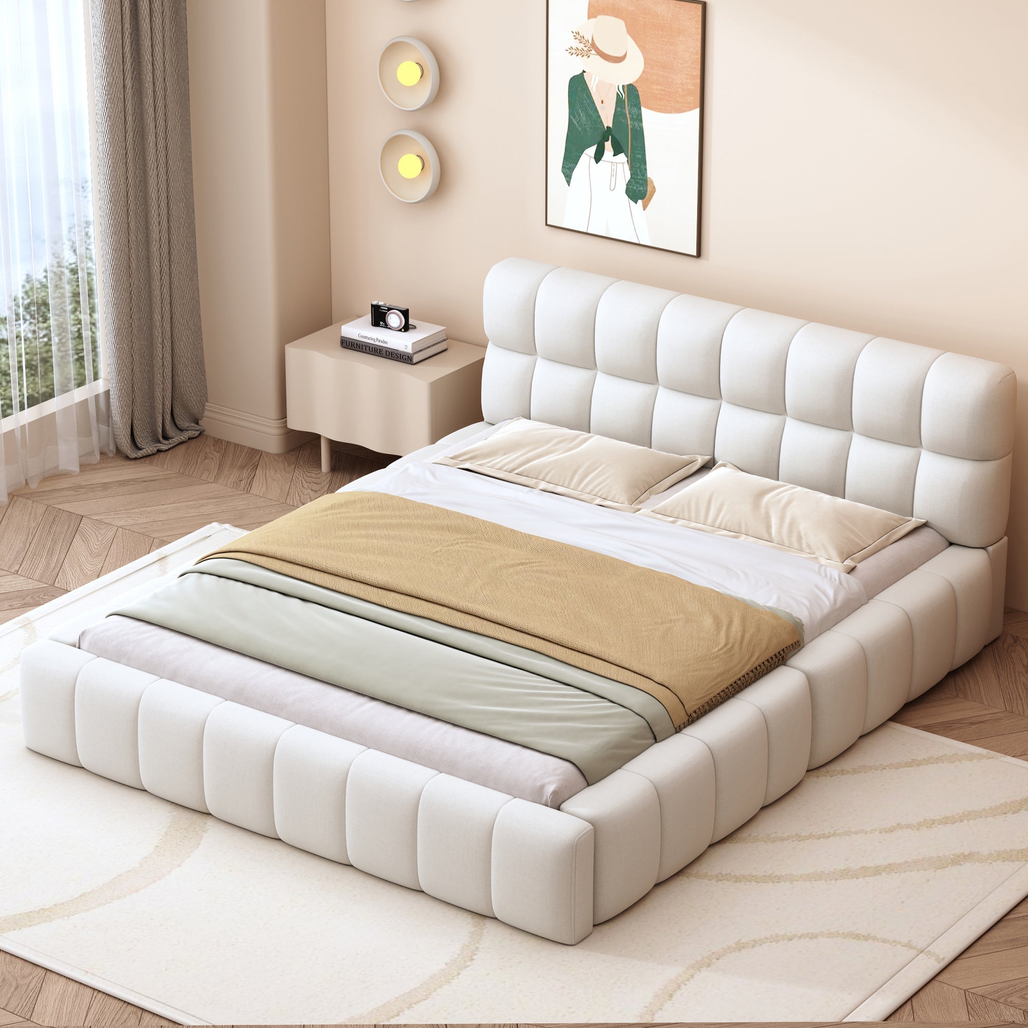Logidon gestoffeerd bed 140x200 beige zachte rugleuning gestoffeerde rand