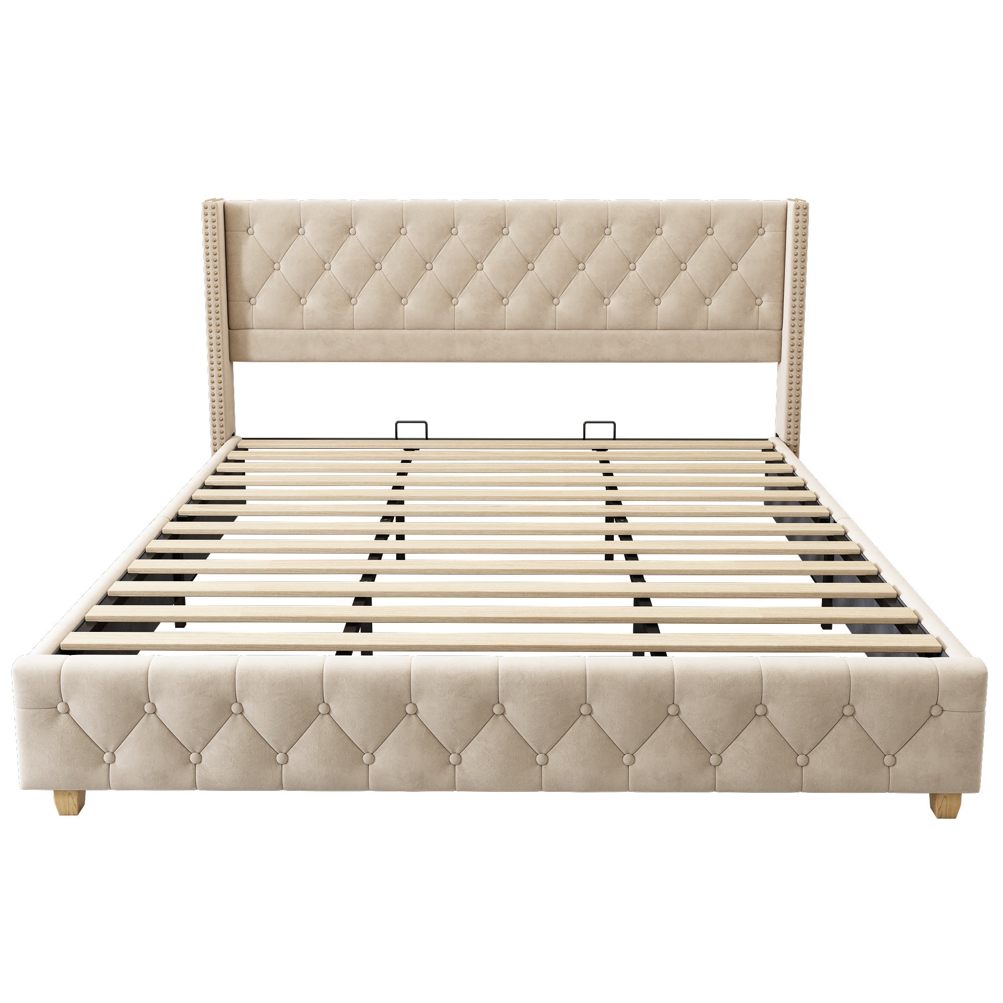 Logidon upholstered bed 180x200 light beige velvet button upholstery slatted frame