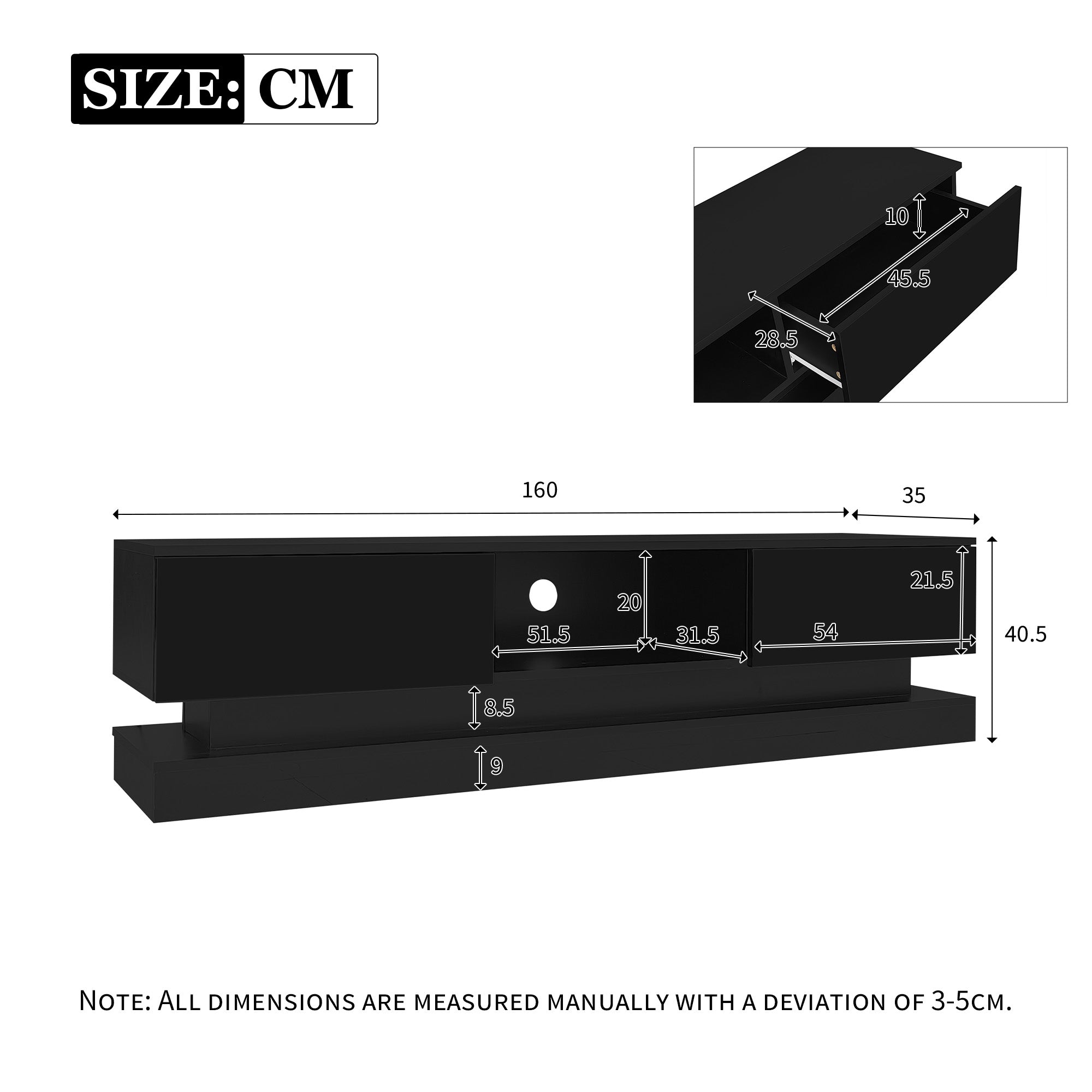 Logidon Zwart Hoogglans TV-meubel 160 CM Met LED 2 Laden