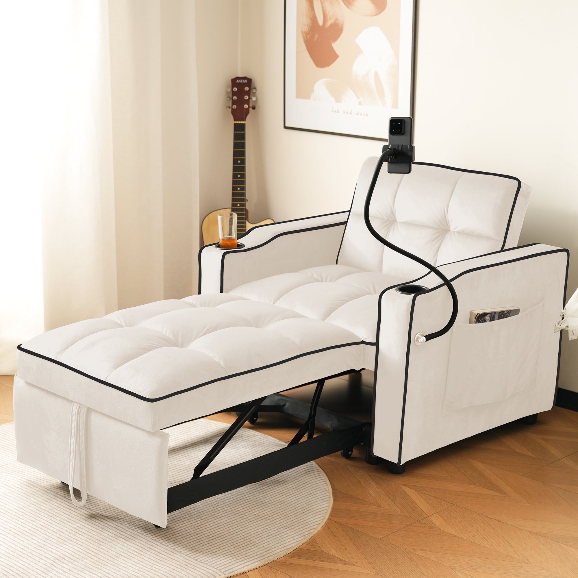 Logidon beige 3-in-1 uittrekbare slaapbank met bekerhouders