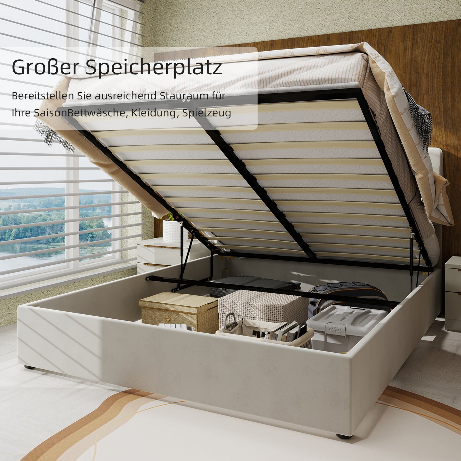 Logidon 160x200 cm gewatteerd bed beige met gasveer opbergruimte