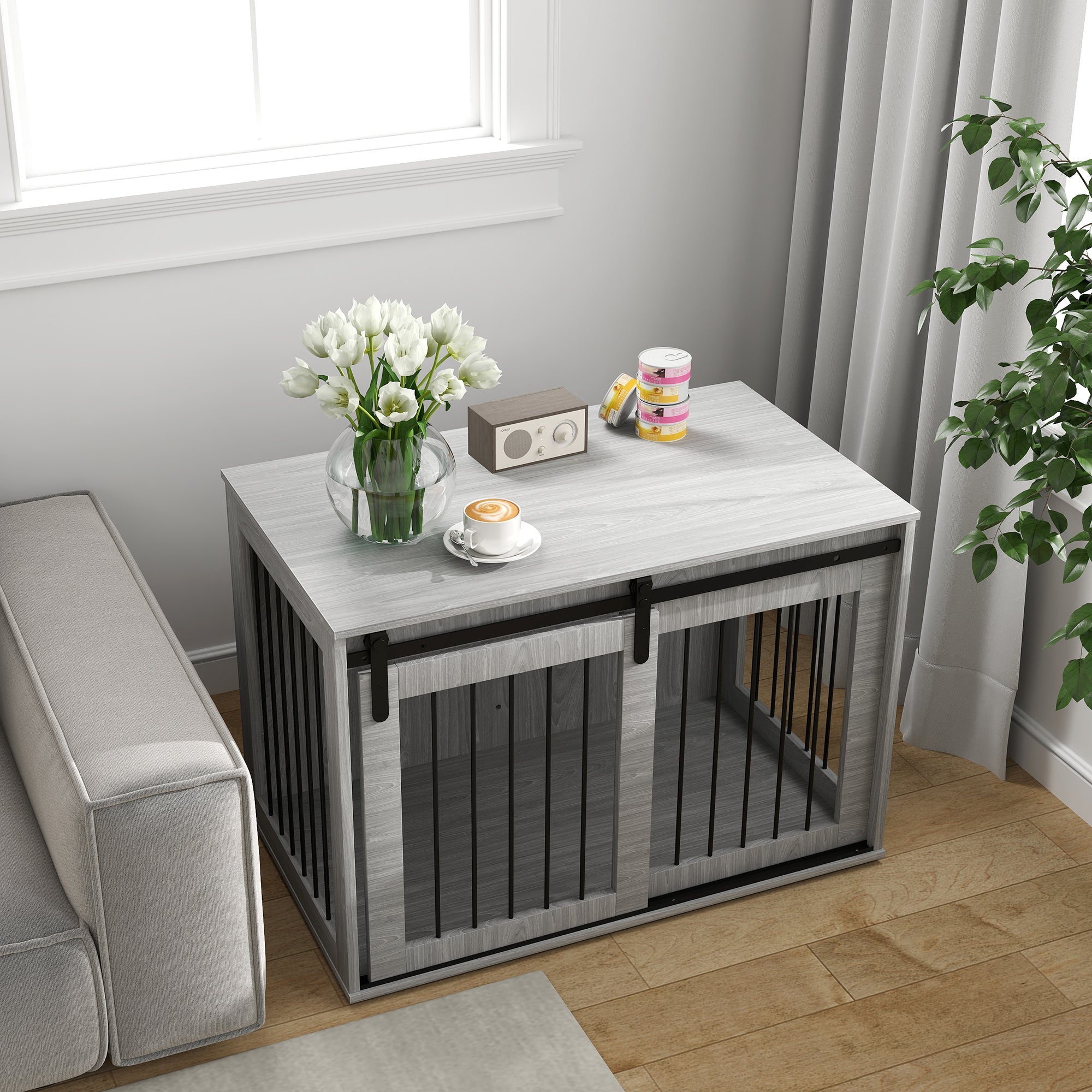 Logidon Hondenkooi Grijs 98 x 58 x 61 cm Afsluitbaar met schuifdeur