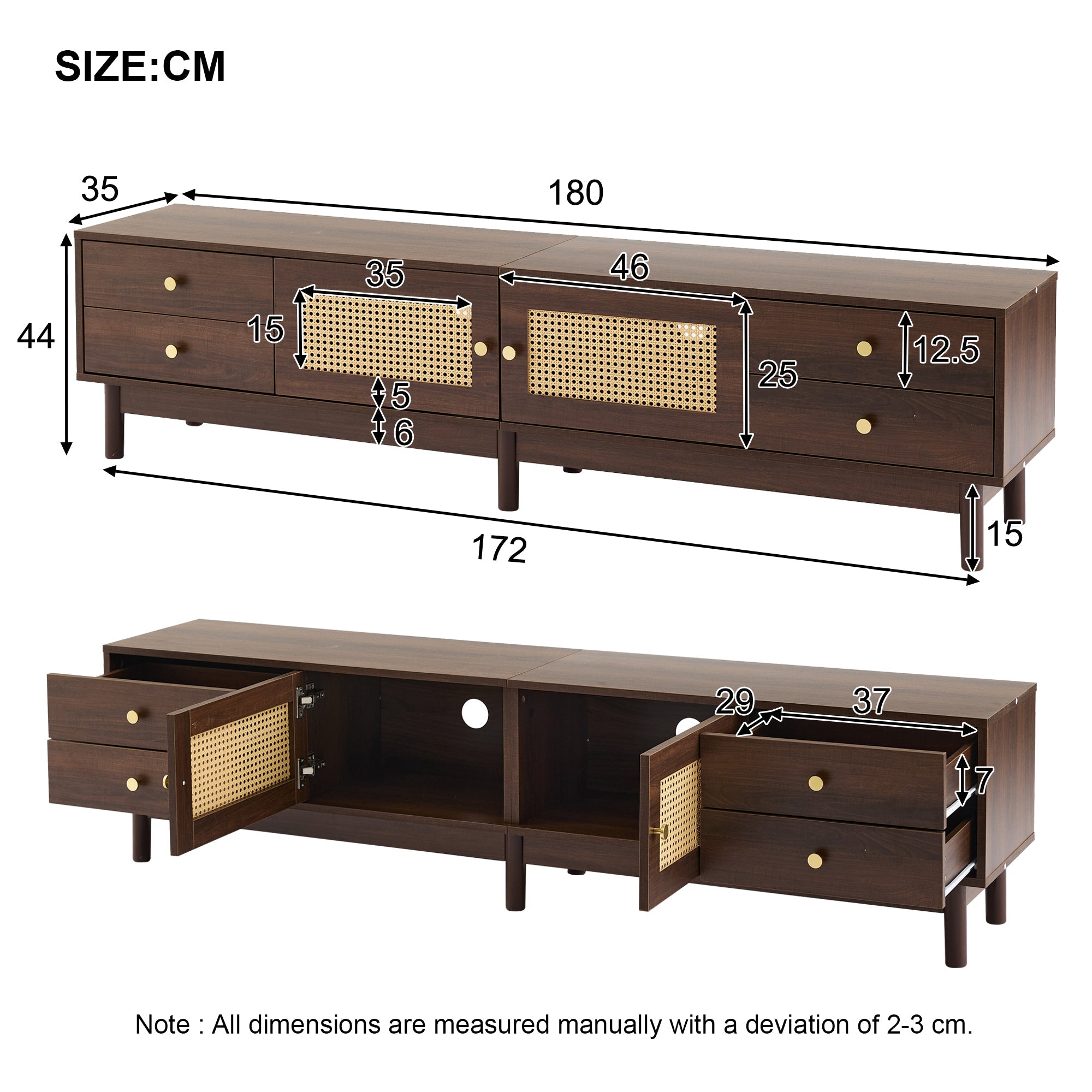 Logidon TV-meubel 180 cm donker houtlook rotan deuren kabelmanagement