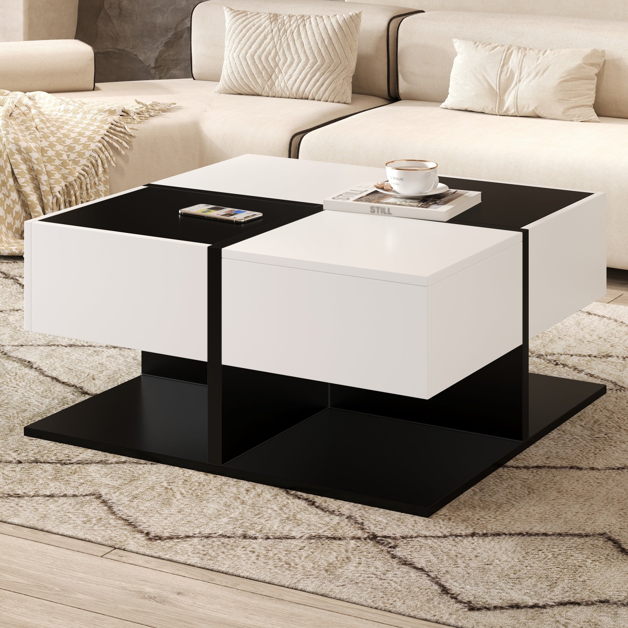 Logidon Moderne Salontafel Zwart Wit 70x70x35,5 cm Met 2 Laden