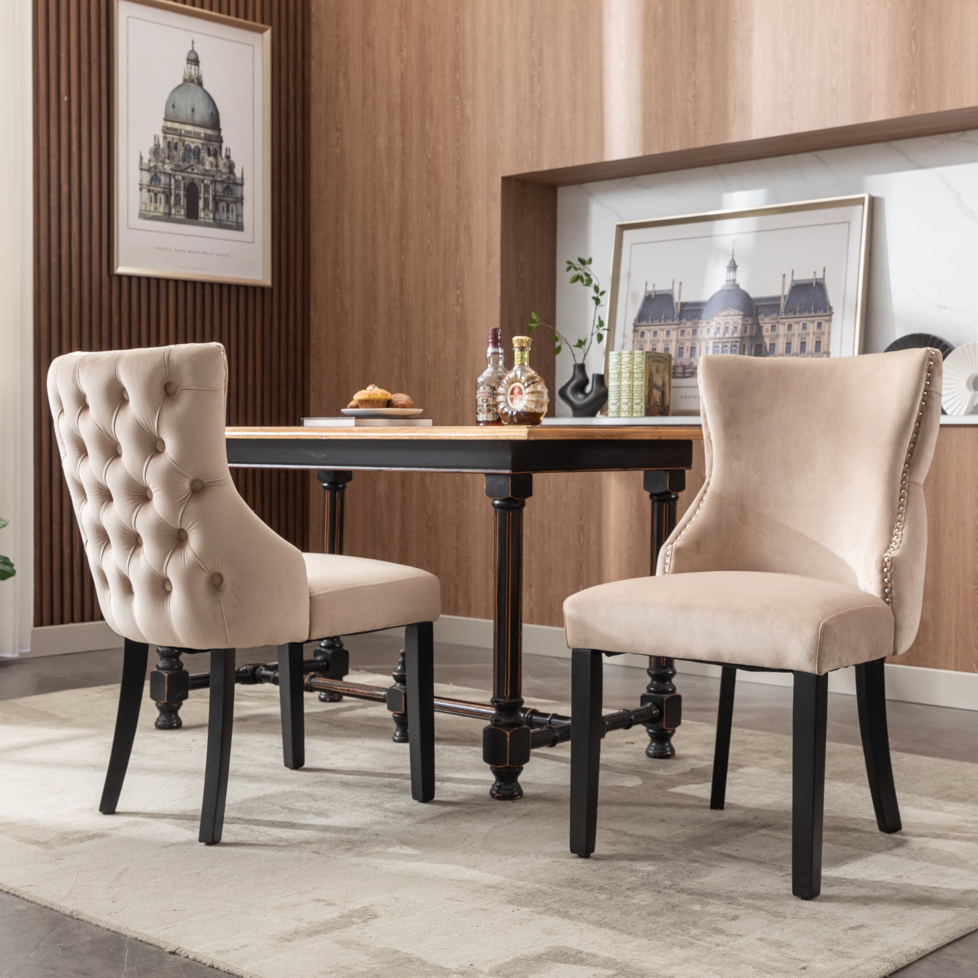 Logidon 4-foot chair beige velvet button quilting solid wood frame set of 2