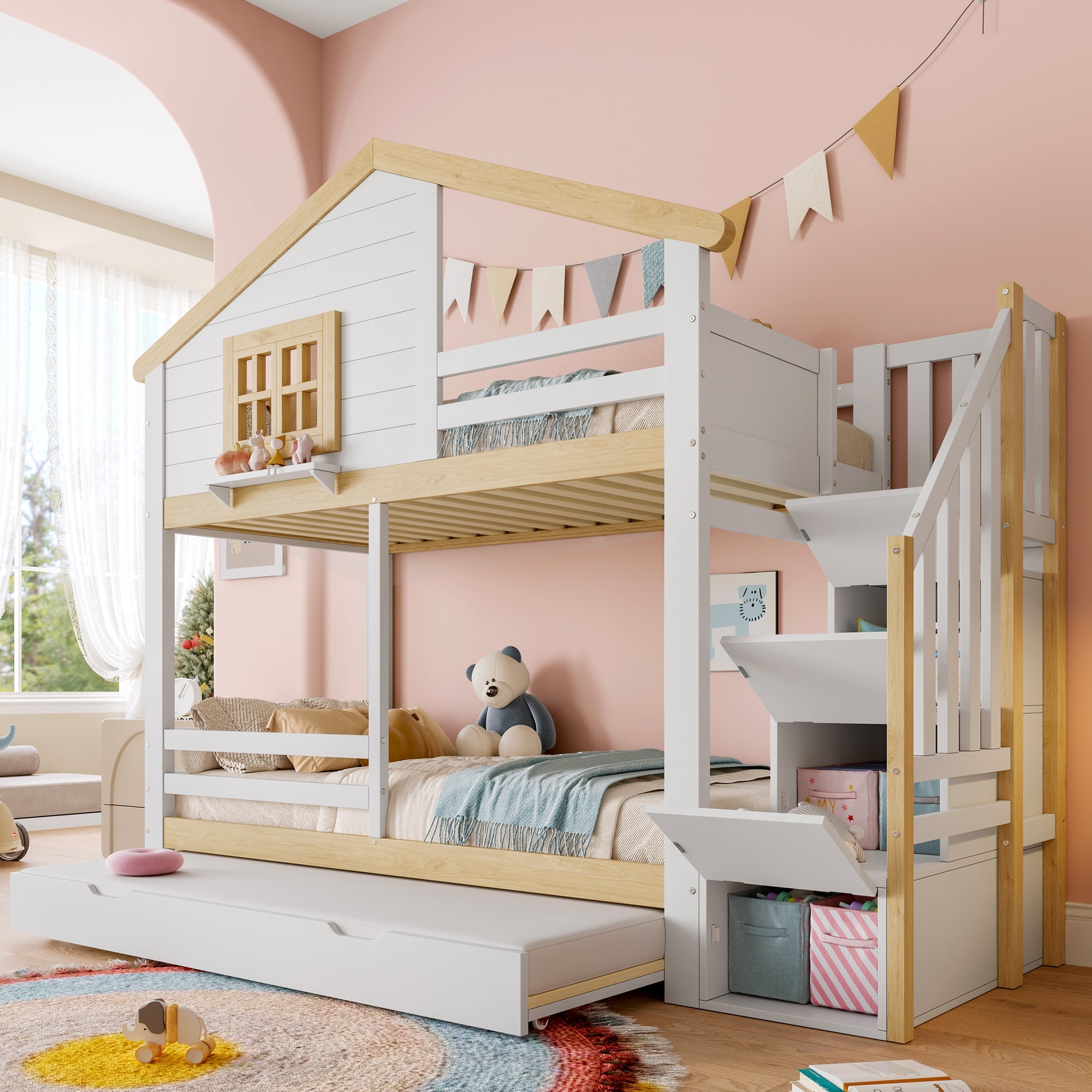 Logidon stapelbed 90x200 cm wit naturel uitschuifbed