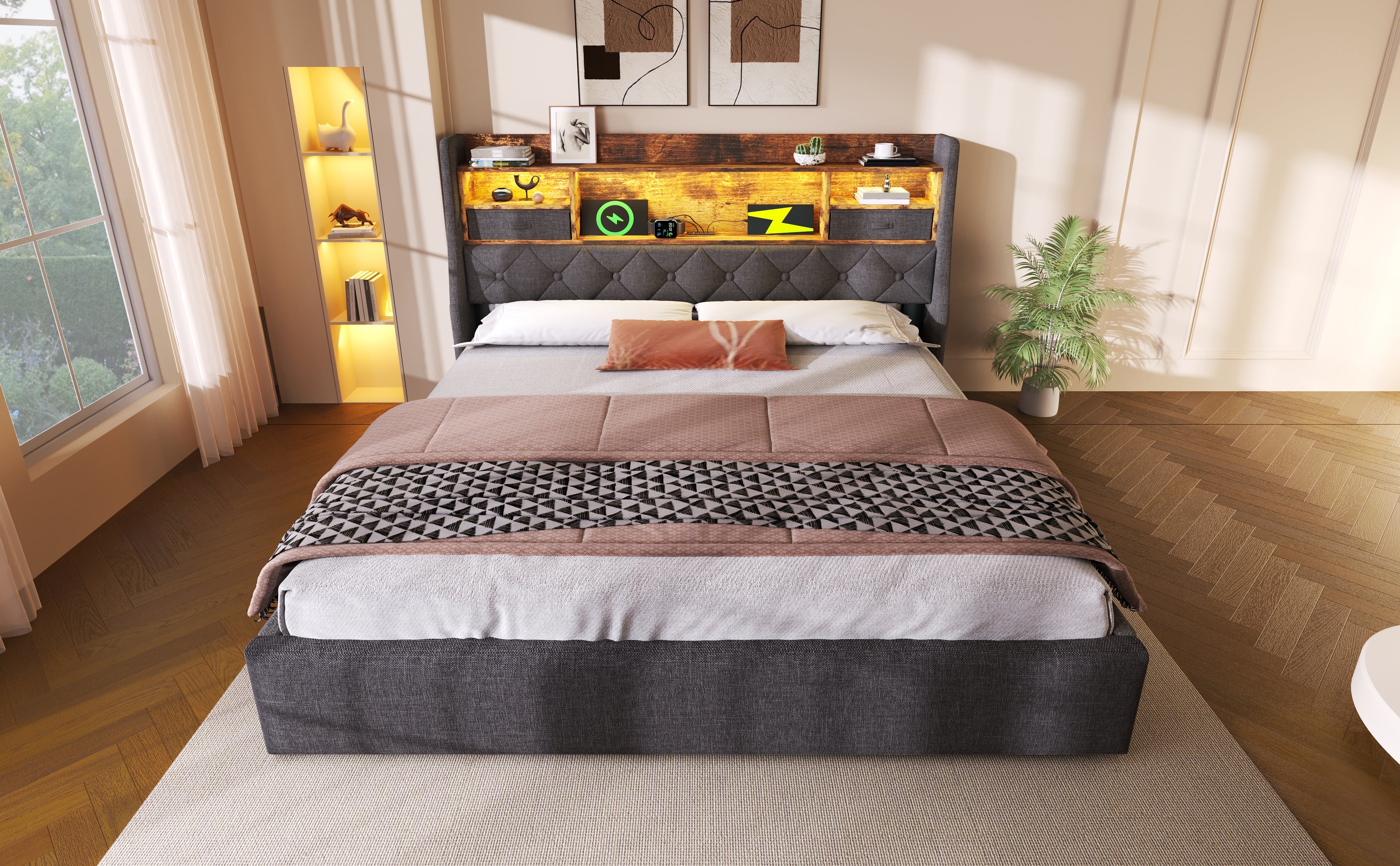 Logidon gestoffeerd bed 160x200 cm met opbergruimte, LED-hoofdbord, USB-C