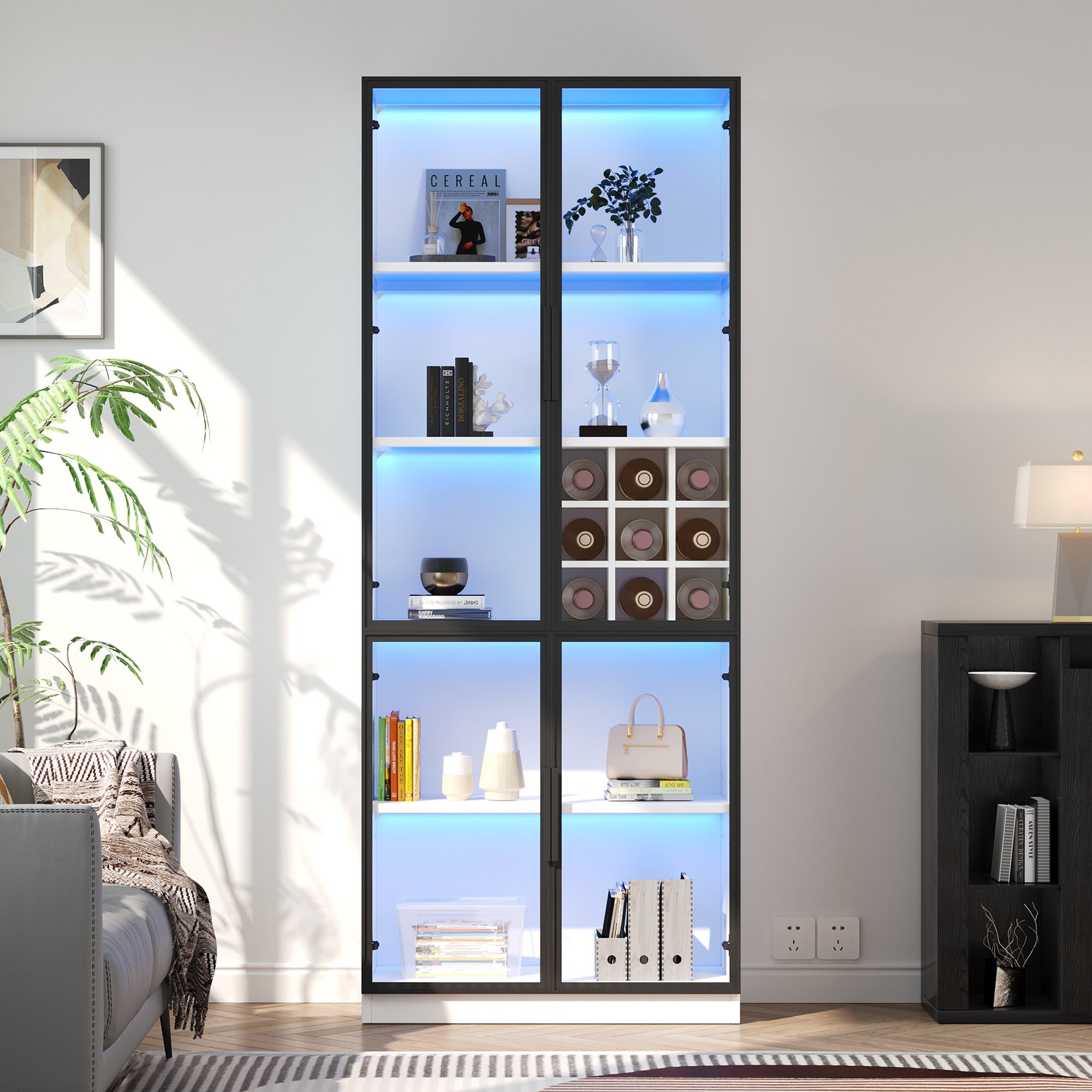 Logidon showcase 80x35x200 white glass doors LED lighting wine rack