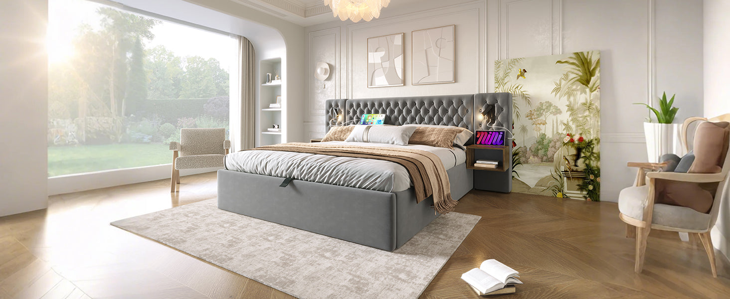 Logidon bed system hydraulic storage bed 160x200 cm gray velvet