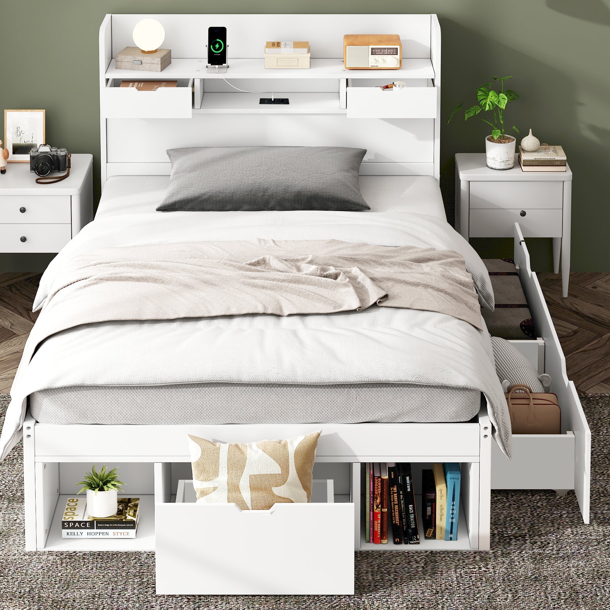 Logidon jeugd- en kinderbed 90x190 cm met USB poort opbergruimte wit