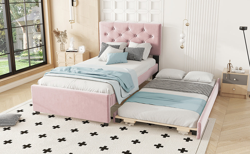 Logidon gestoffeerd bed 90x200 roze fluweel met rolcontainer