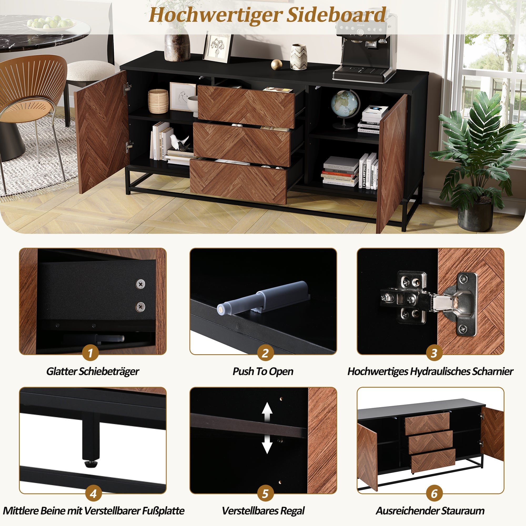 Logidon dressoir 145x40x67 Moderne ladekast 3 laden 2 deuren