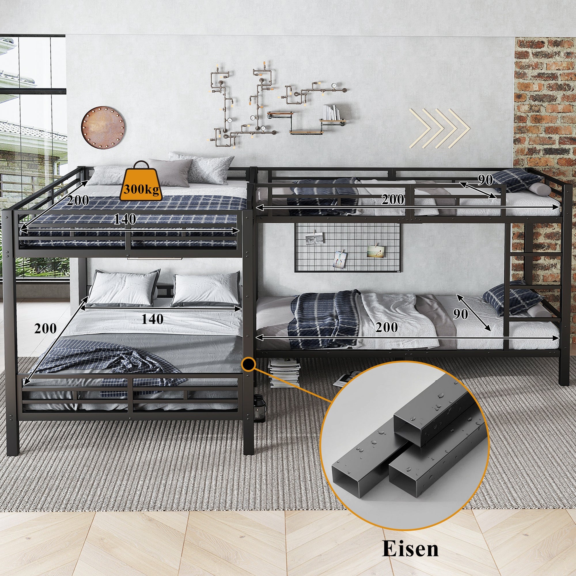 Logidon Stapelbed Metaal Zwart 90x200/140x200 Drietrapsladder