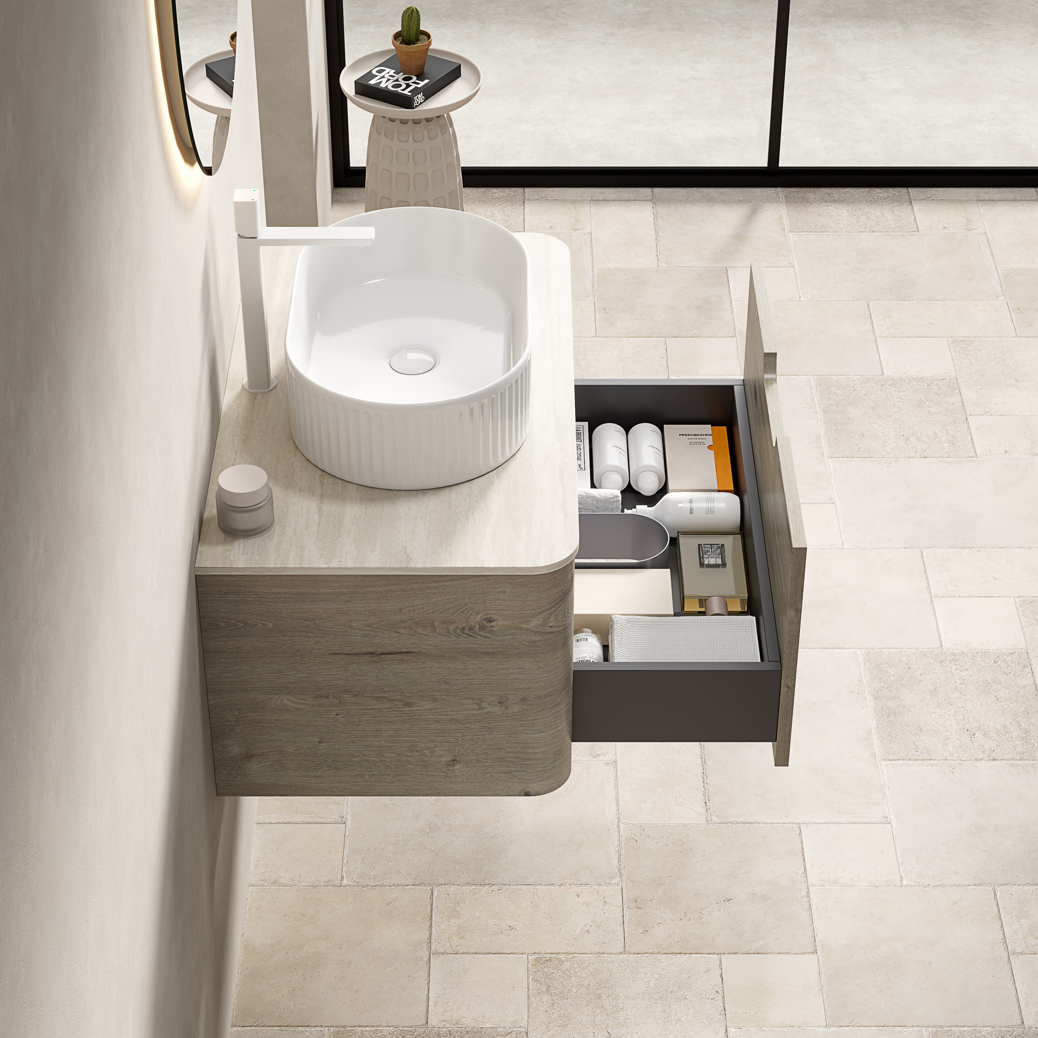 Logidon 80 cm floating bathroom furniture with travertine sintered stone top