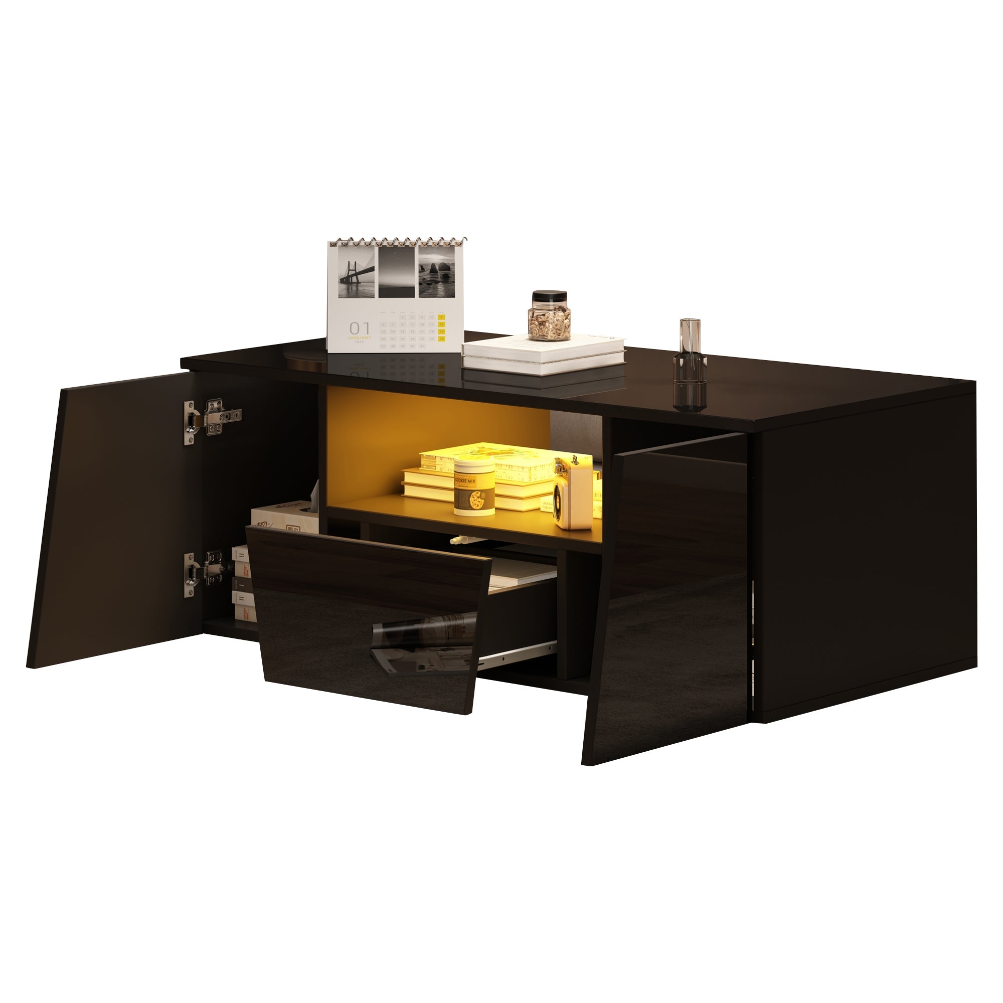 Logidon salontafel 100x50x40 cm zwart met LED 2 kasten 1 lade