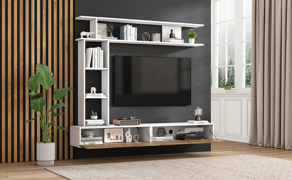 Logidon TV wandmeubel 180 cm wit houtlook met vitrinekasten