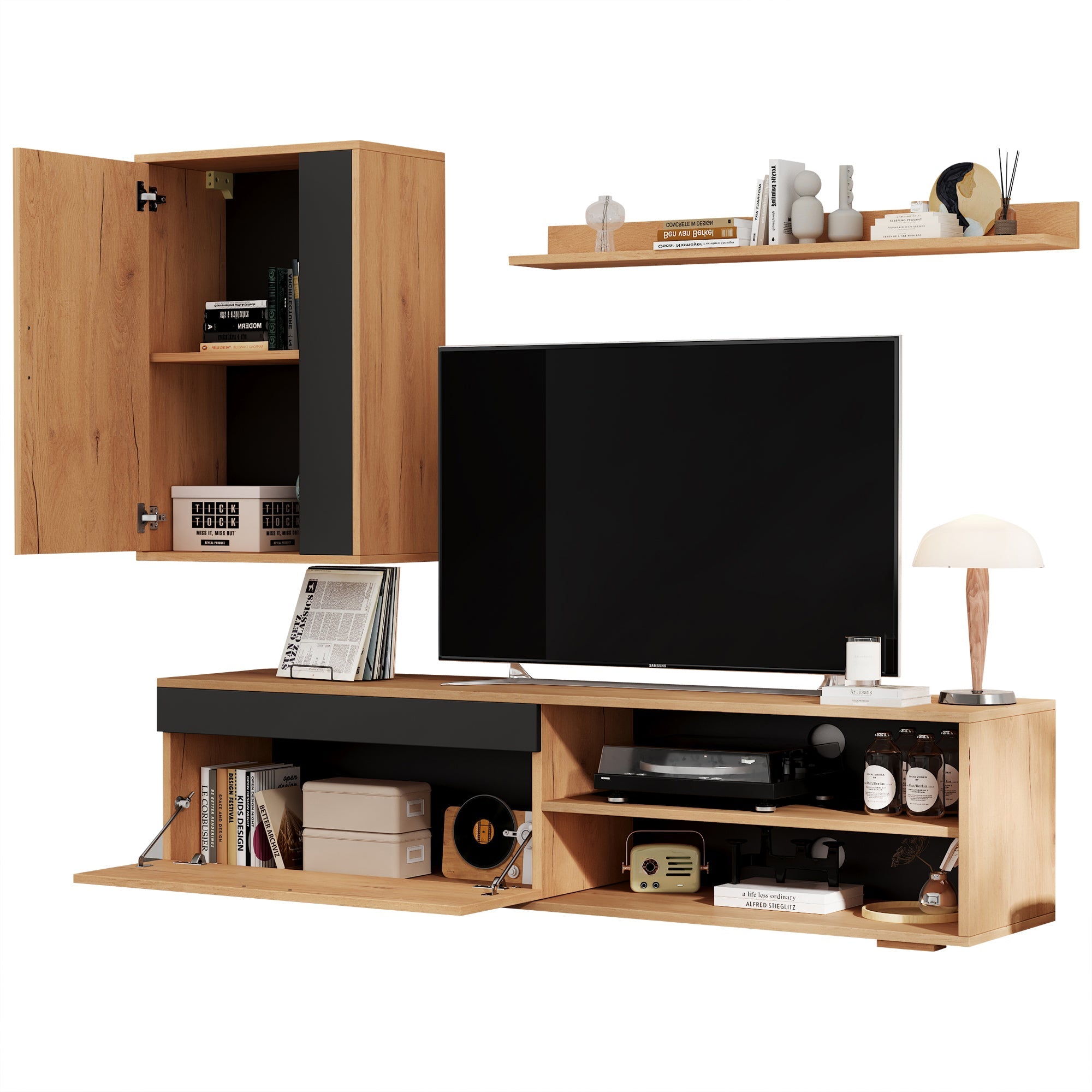Logidon TV wandmeubelset 140 cm driedelig hout zwart