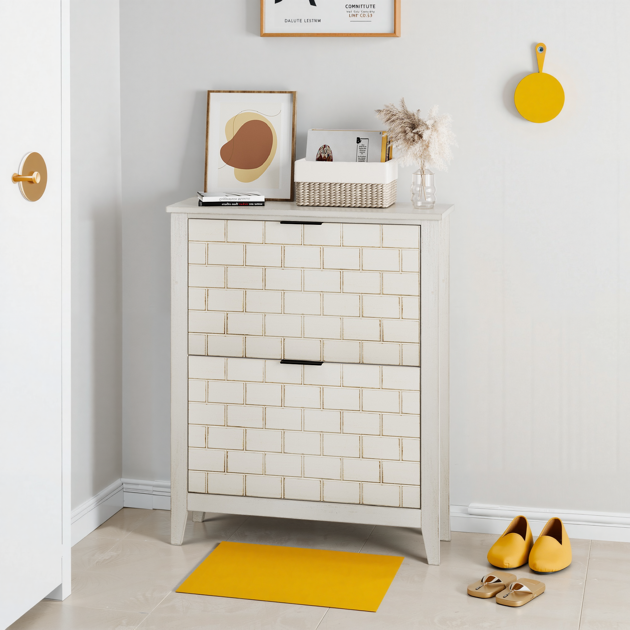 Logidon 80 cm vintage schoenenkast wit met 2 inklapbare lades
