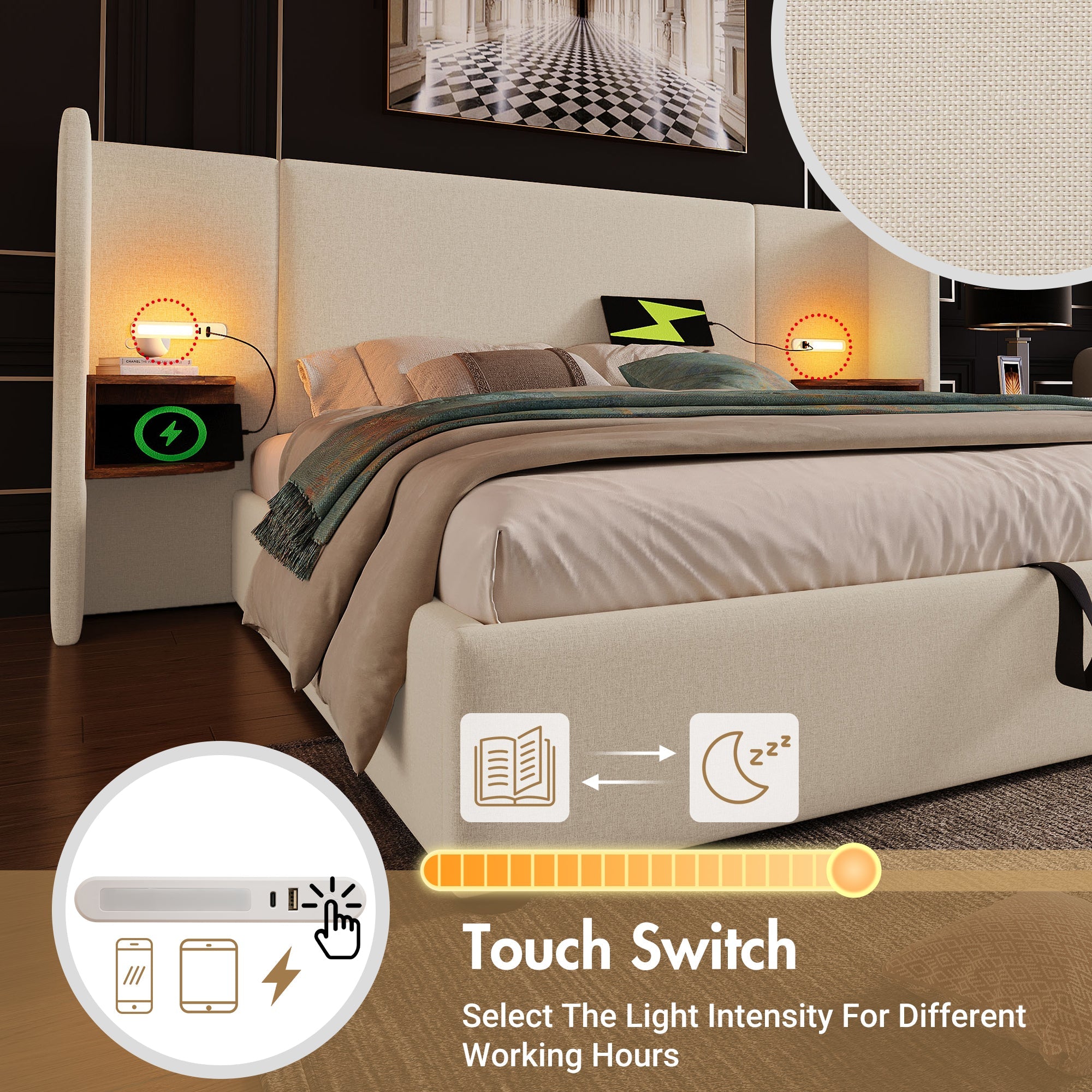 Logidon upholstered bed 160x200 beige with USB C charging function