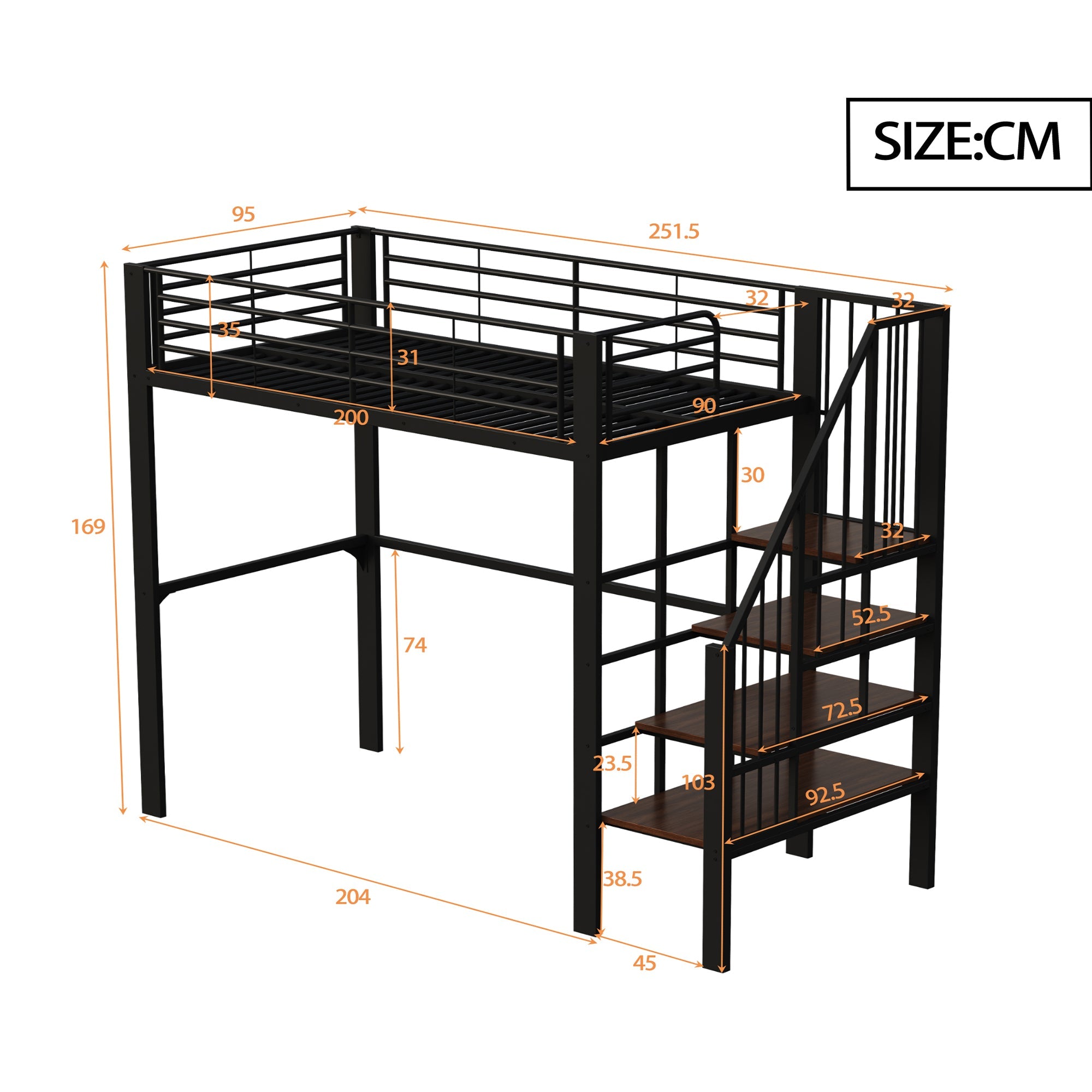 Logidon hoogslaper 90x200 met opbergruimte en trap zwart metaal