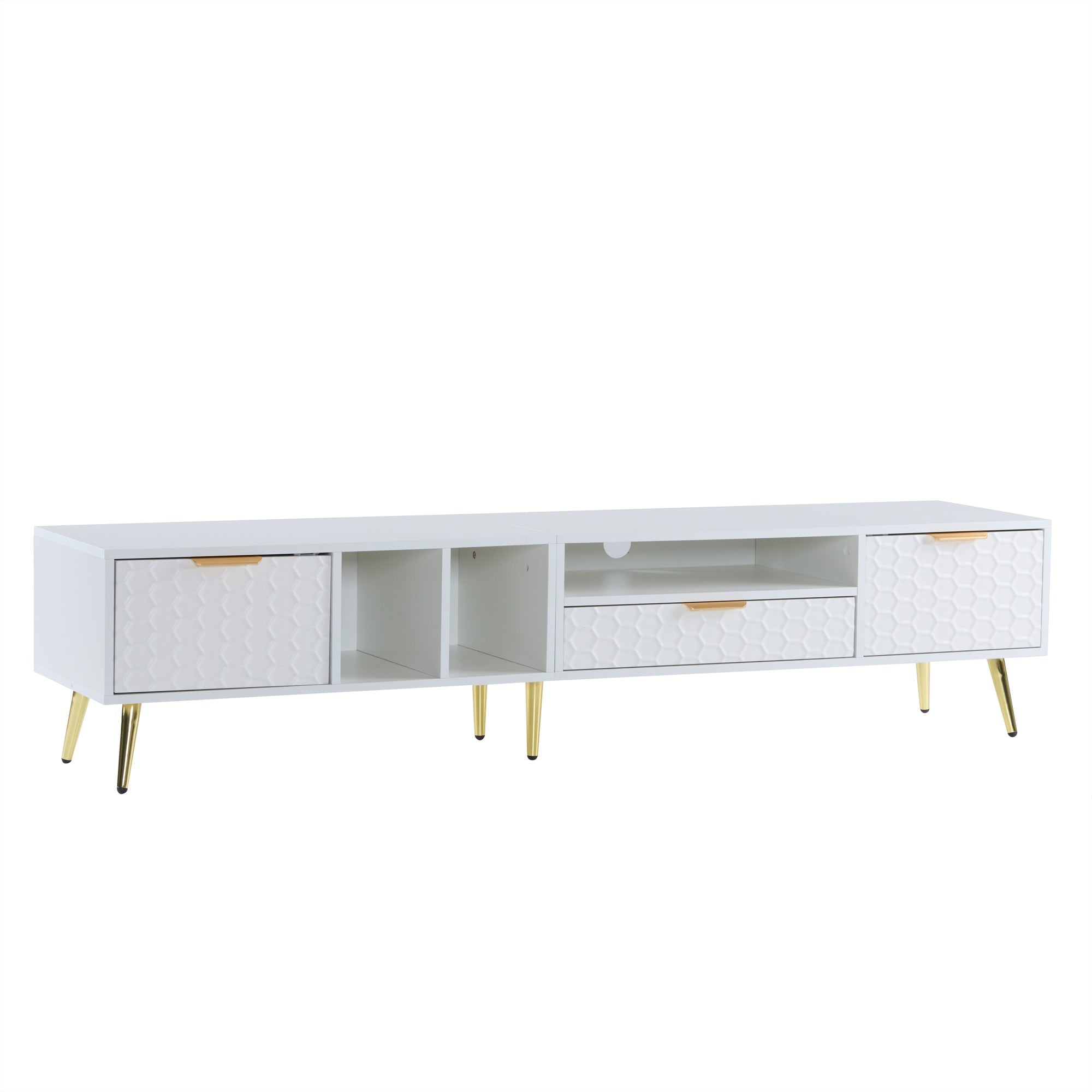 Logidon White TV Stand with Honeycomb Pattern and Storage Space for up to 80 Inches